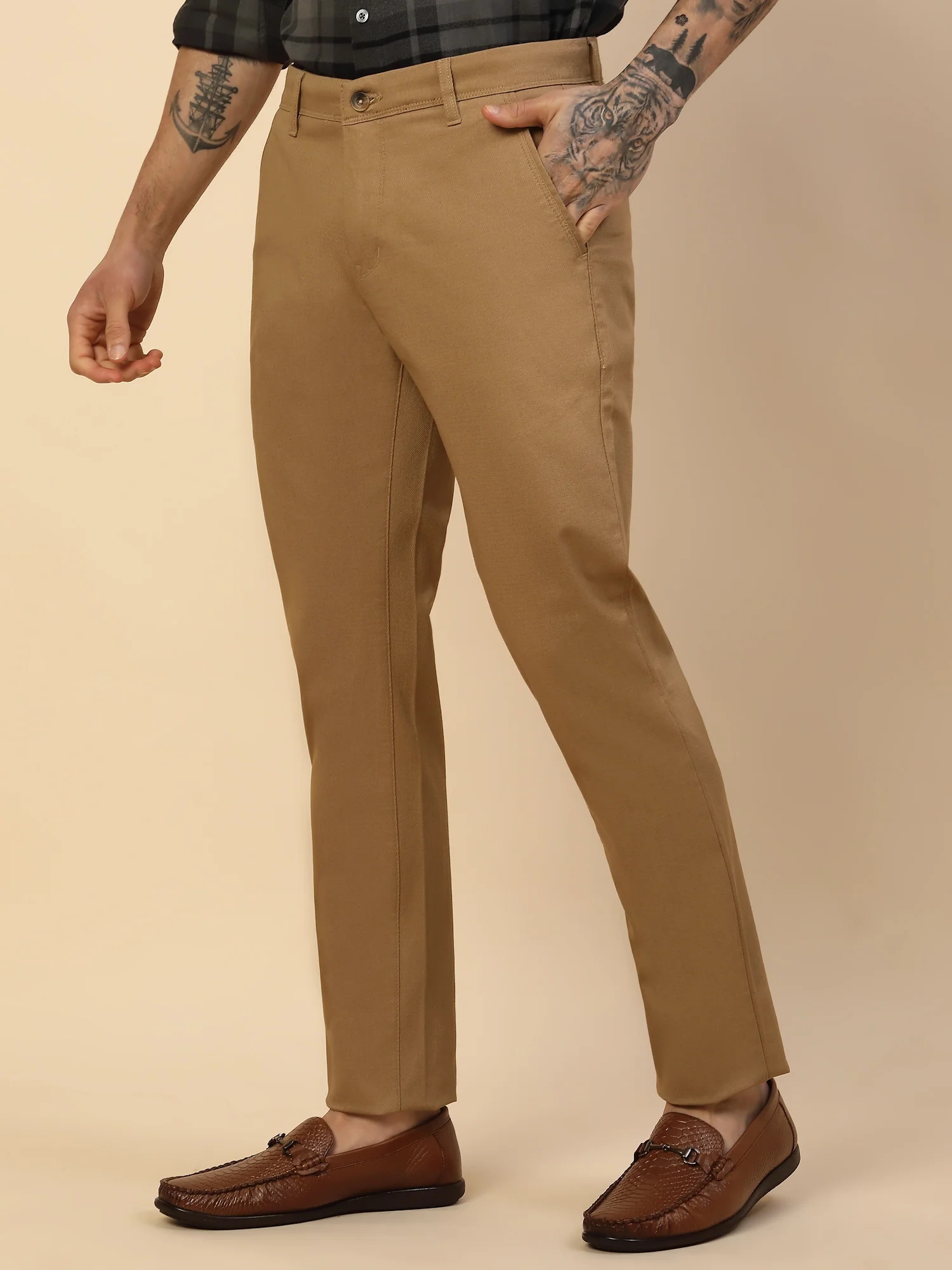 Casual Trouser for Men | Breathable & Soft with Color Fastness Regular Fit Cotton Blend Fabric Self Design Pattern Button Closure - Image 4