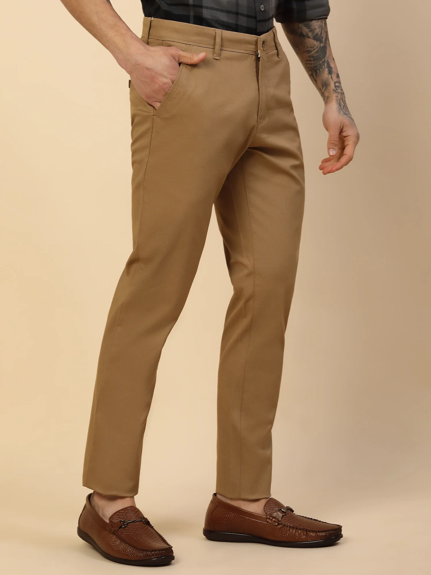 Casual Trouser for Men | Breathable & Soft with Color Fastness Regular Fit Cotton Blend Fabric Self Design Pattern Button Closure - Image 5