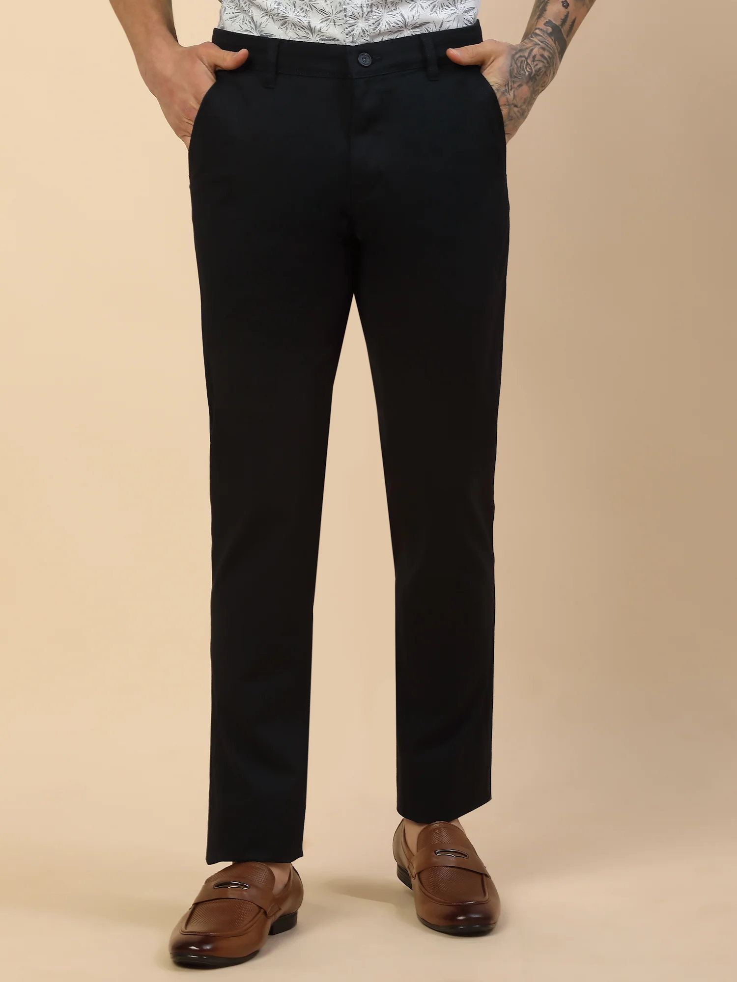 Casual Trouser for Men | Breathable & Soft with Color Fastness Regular Fit Cotton Blend Fabric Self Design Pattern Button Closure - Image 2