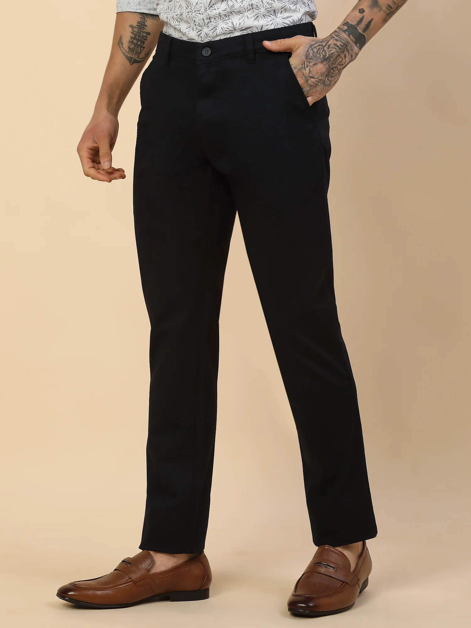 Casual Trouser for Men | Breathable & Soft with Color Fastness Regular Fit Cotton Blend Fabric Self Design Pattern Button Closure - Image 3