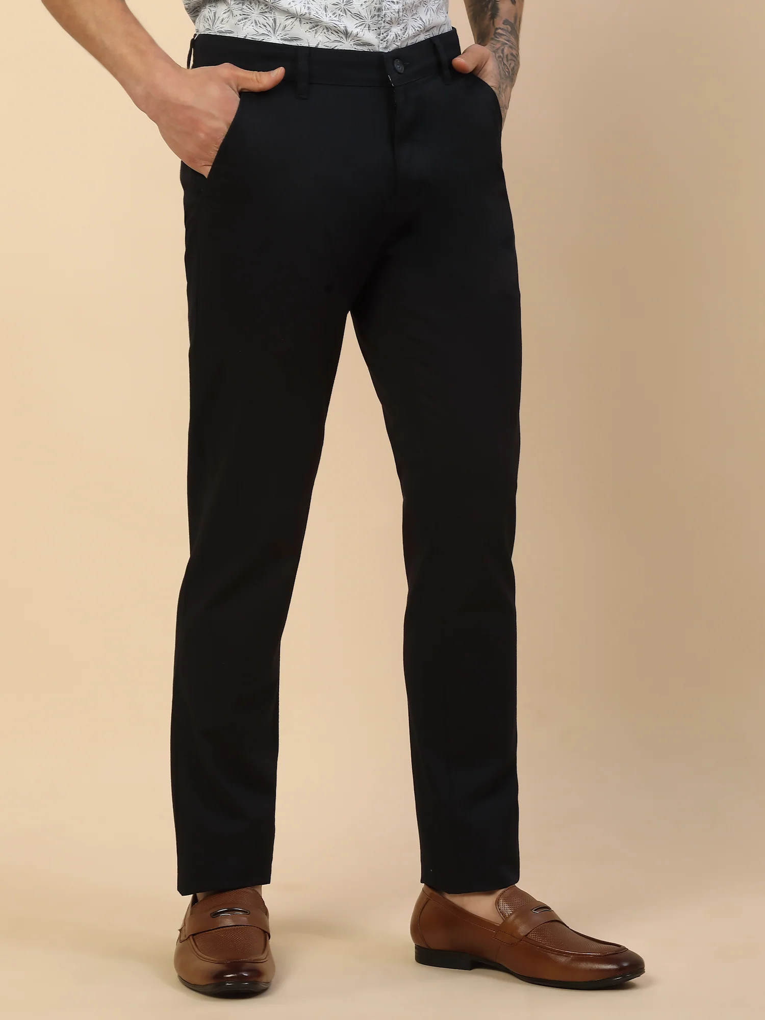 Casual Trouser for Men | Breathable & Soft with Color Fastness Regular Fit Cotton Blend Fabric Self Design Pattern Button Closure - Image 4