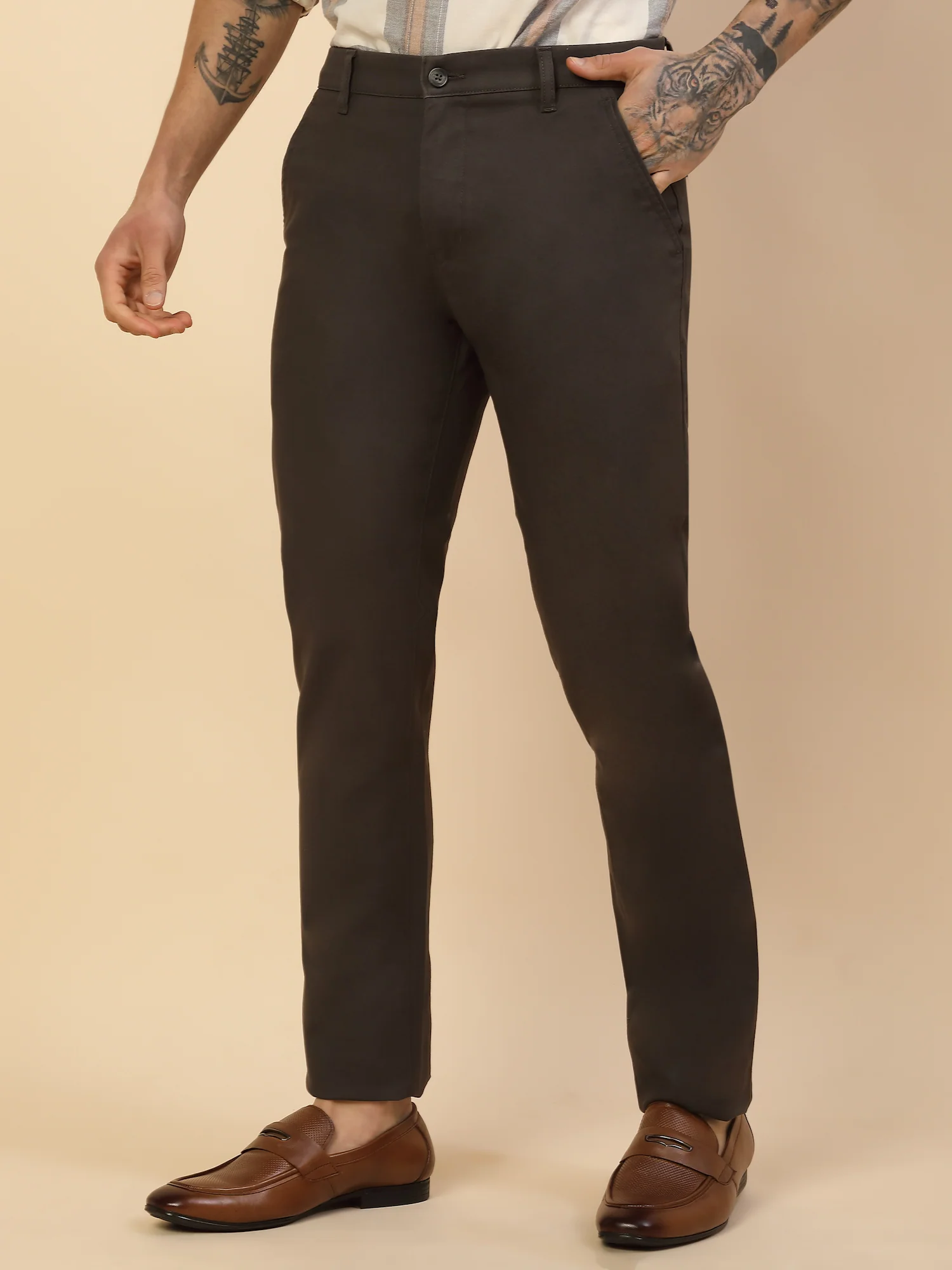 Casual Trouser for Men | Breathable & Soft with Color Fastness Regular Fit Cotton Blend Fabric Solid Pattern Button Closure - Image 4