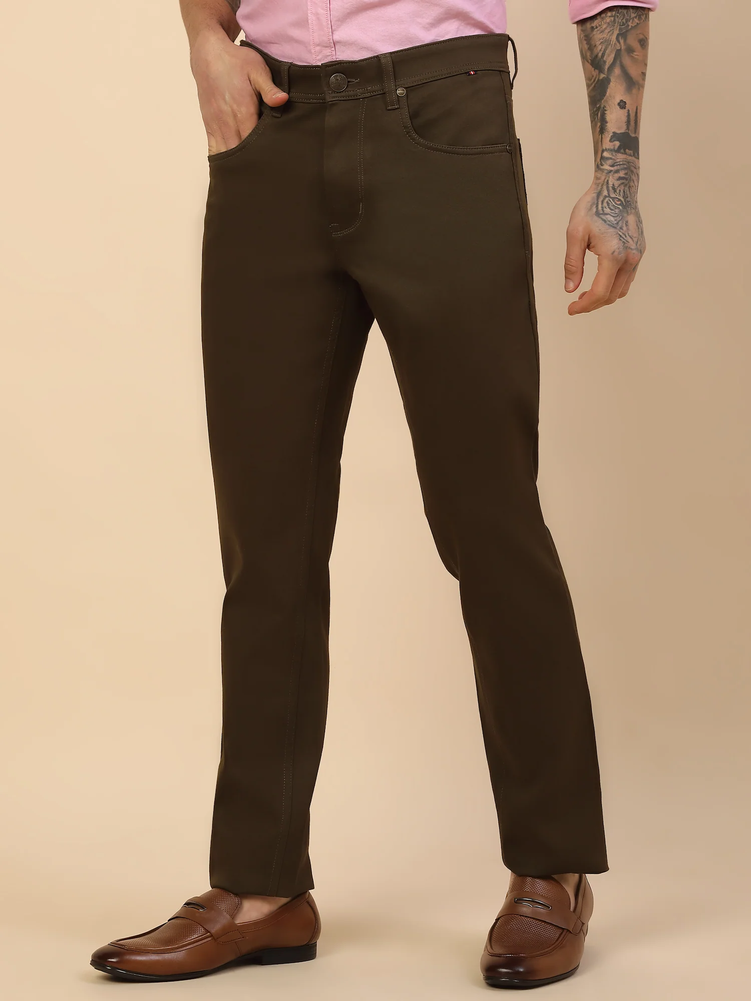 Casual Trouser for Men | Breathable & Soft with Color Fastness Regular Fit Cotton Blend Fabric Solid Pattern Button Closure - Image 3