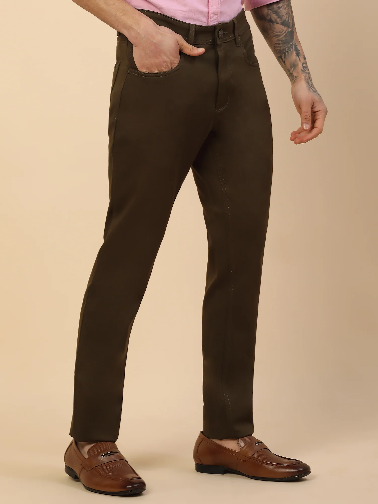 Casual Trouser for Men | Breathable & Soft with Color Fastness Regular Fit Cotton Blend Fabric Solid Pattern Button Closure - Image 4