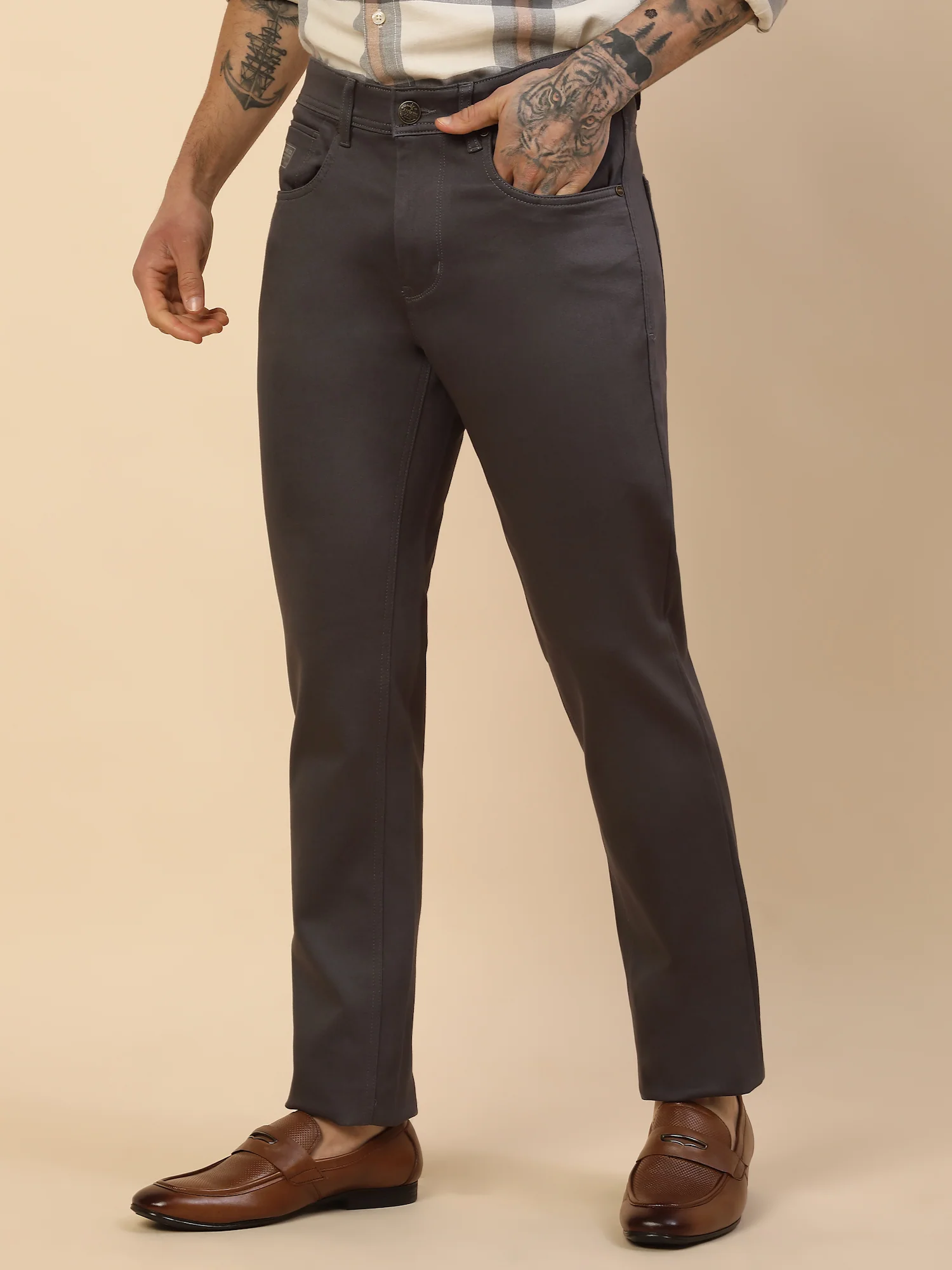 Casual Trouser for Men | Breathable & Soft with Color Fastness Regular Fit Cotton Blend Fabric Solid Pattern Button Closure - Image 4