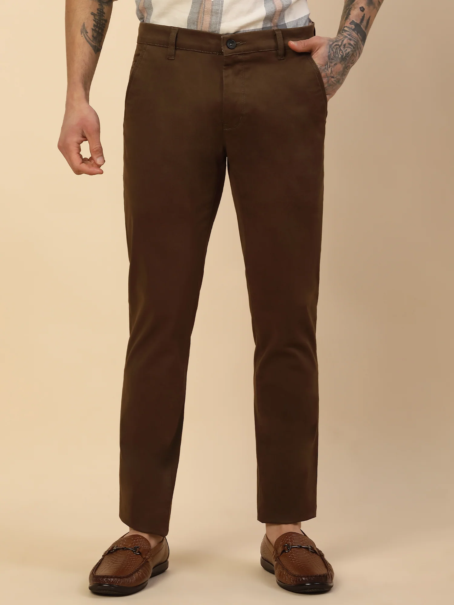 Casual Trouser for Men | Breathable & Soft with Color Fastness Regular Fit Cotton Blend Fabric Solid Pattern Button Closure - Image 3