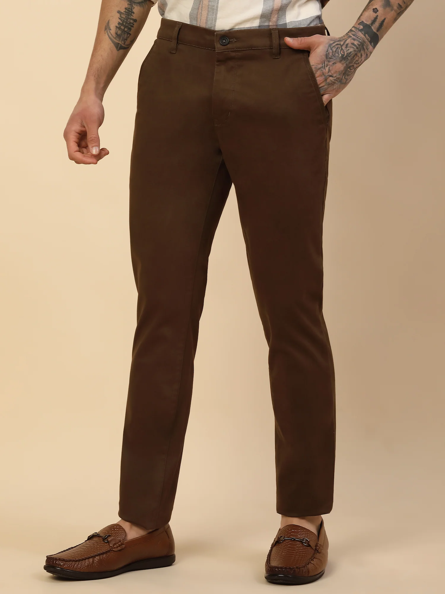 Casual Trouser for Men | Breathable & Soft with Color Fastness Regular Fit Cotton Blend Fabric Solid Pattern Button Closure - Image 4