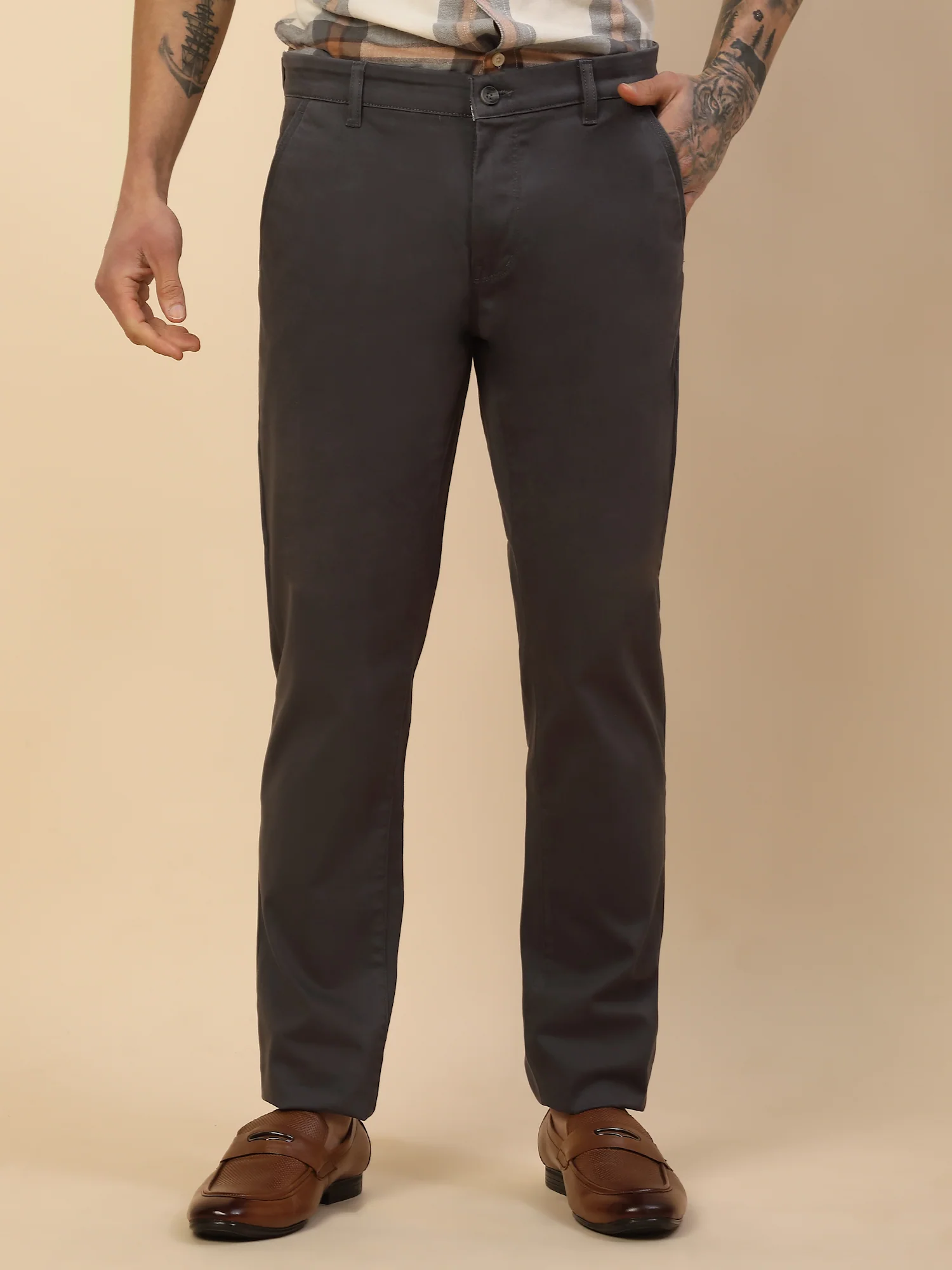 Casual Trouser for Men | Breathable & Soft with Color Fastness Regular Fit Cotton Blend Fabric Solid Pattern Button Closure - Image 3