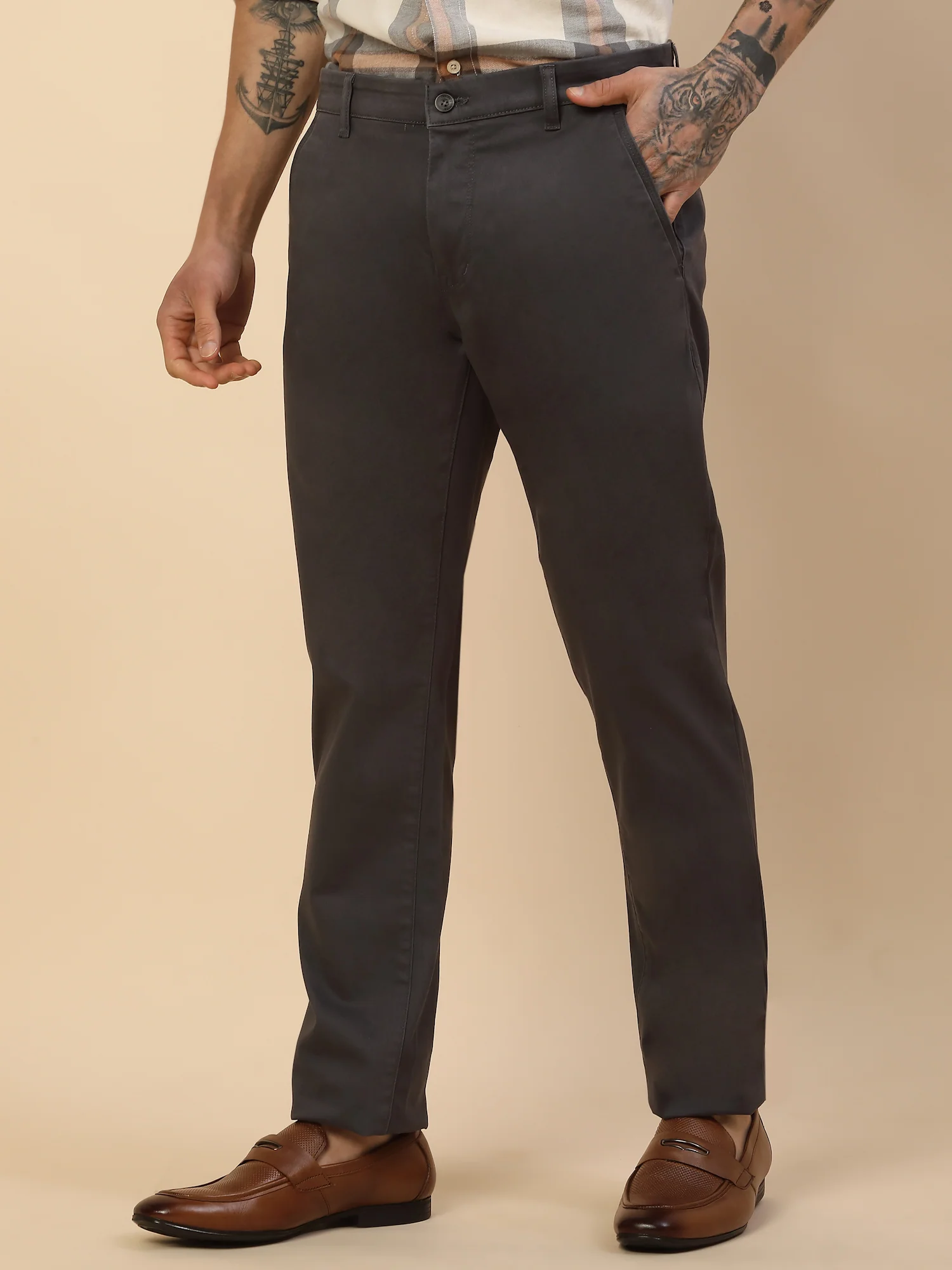 Casual Trouser for Men | Breathable & Soft with Color Fastness Regular Fit Cotton Blend Fabric Solid Pattern Button Closure - Image 4