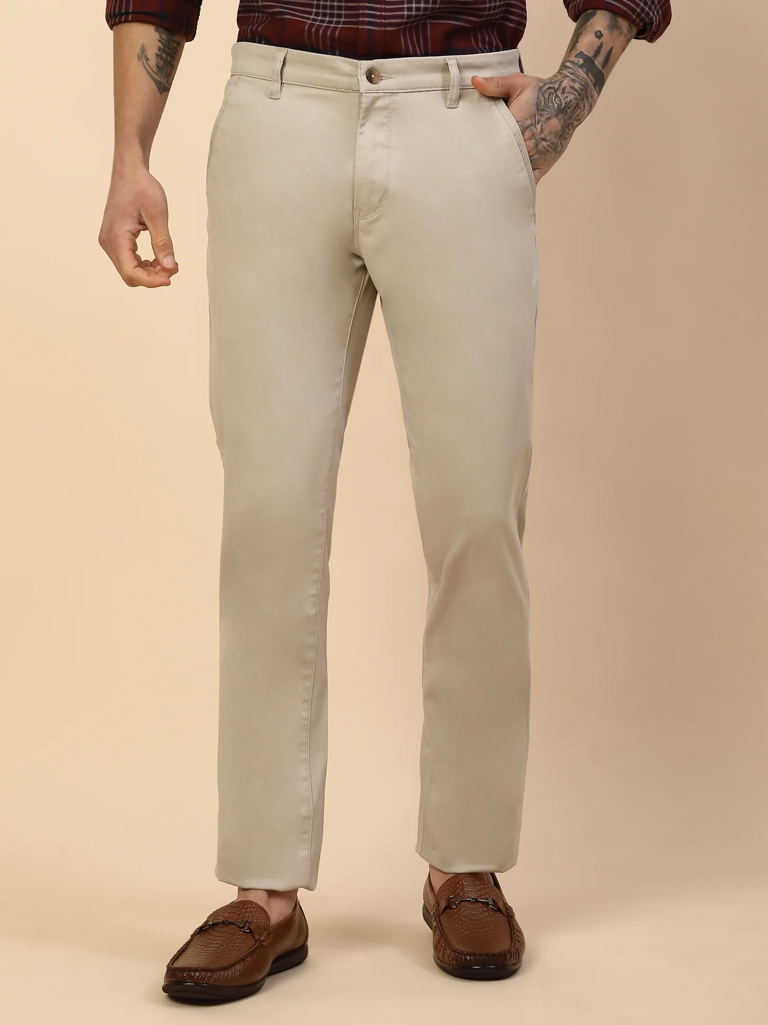Casual Trouser for Men | Breathable & Soft with Color Fastness Regular Fit Cotton Blend Fabric Solid Pattern Button Closure - Image 3