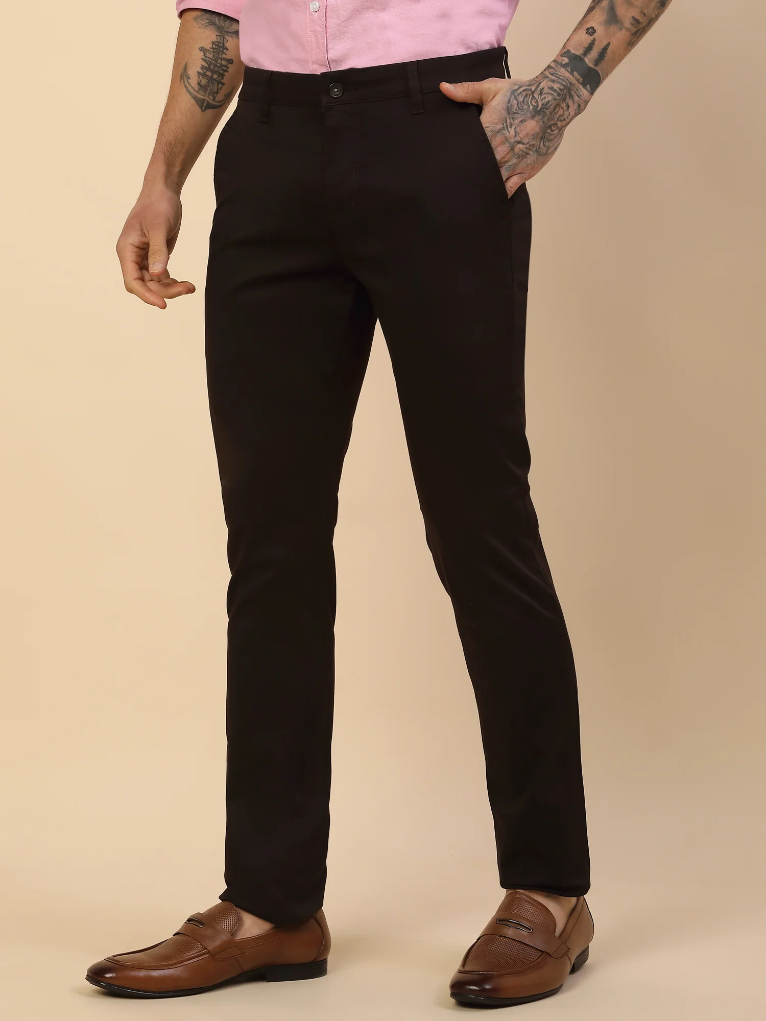 Casual Trouser for Men | Breathable & Soft with Color Fastness Regular Fit Cotton Blend Fabric Solid Pattern Button Closure - Image 4