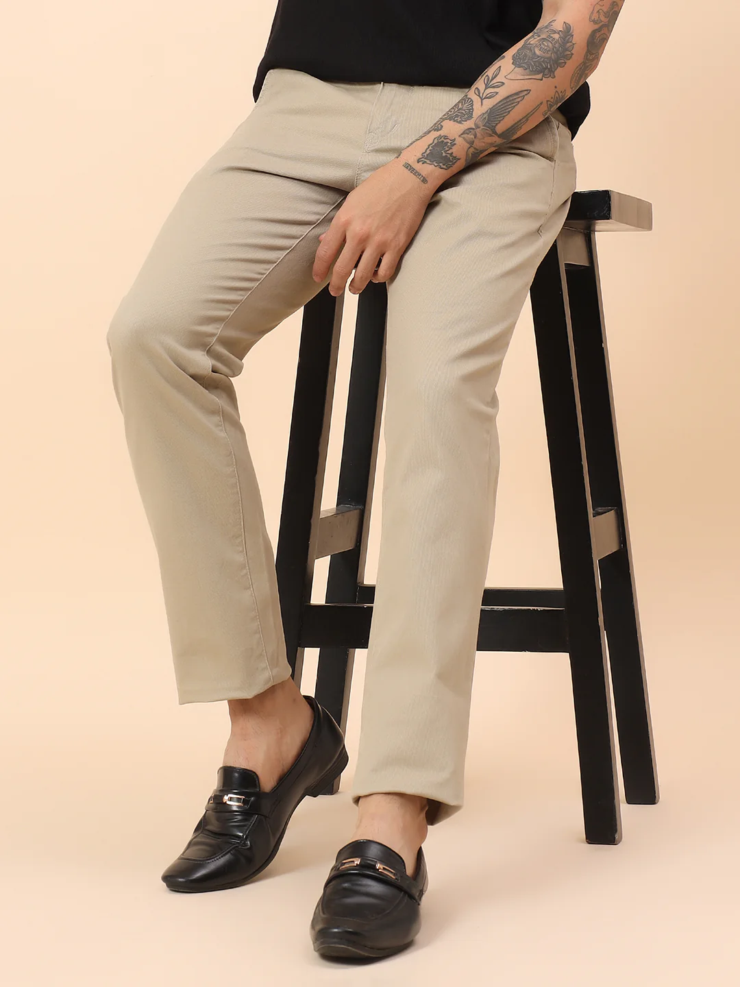 Casual Trousers for Men l Breathable & Soft with Color Fastness Regular Fit Cotton Blend Fabric Self Design Pattern Button Closure - Image 2