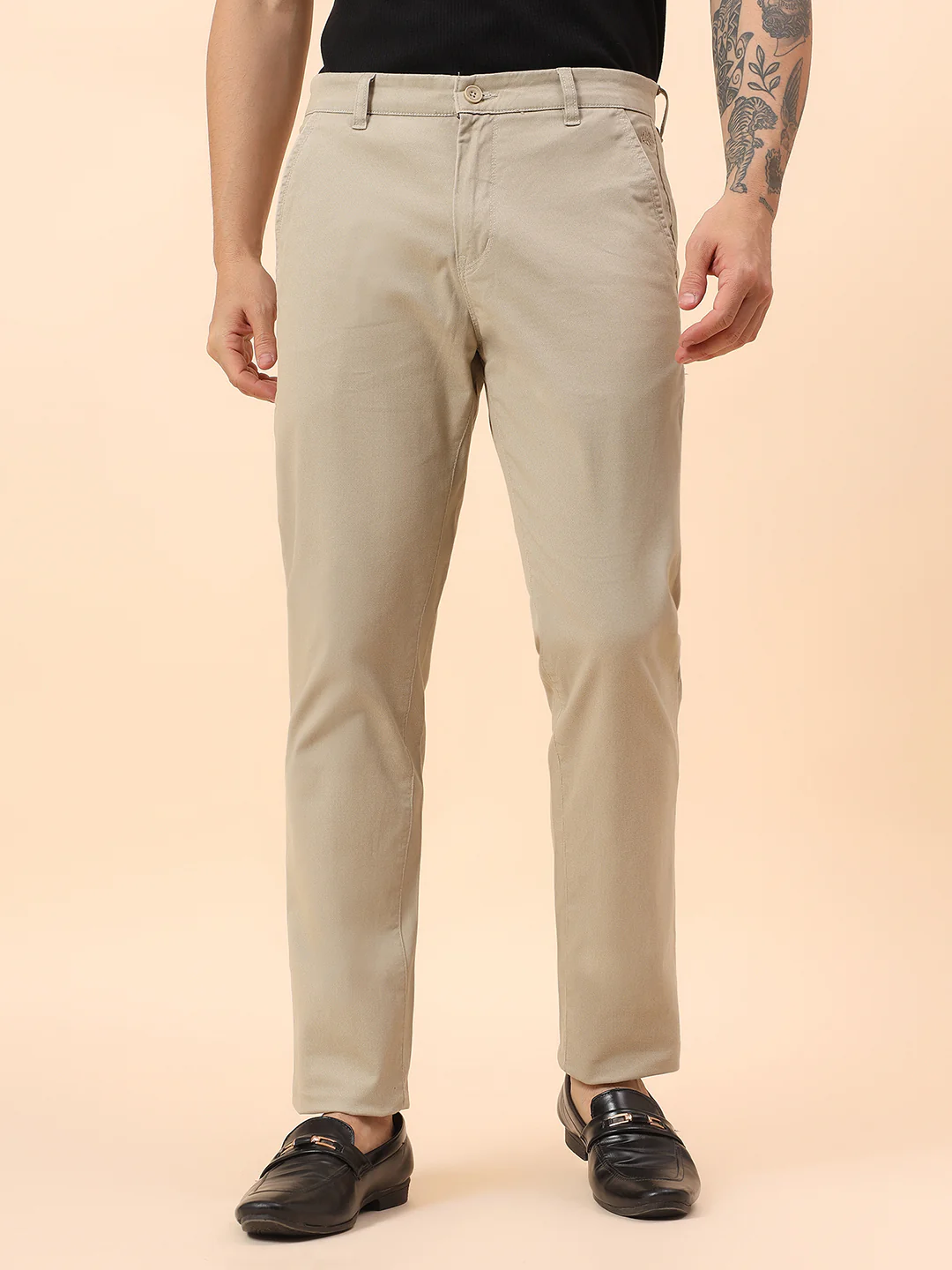 Casual Trousers for Men l Breathable & Soft with Color Fastness Regular Fit Cotton Blend Fabric Self Design Pattern Button Closure - Image 3