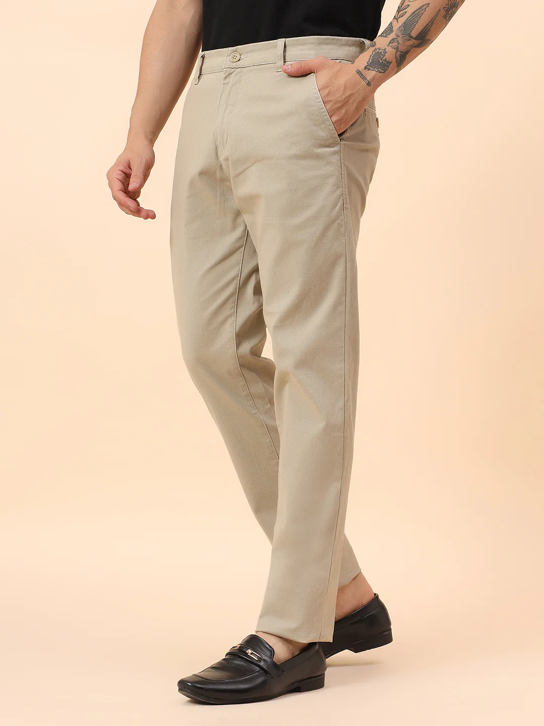 Casual Trousers for Men l Breathable & Soft with Color Fastness Regular Fit Cotton Blend Fabric Self Design Pattern Button Closure - Image 4