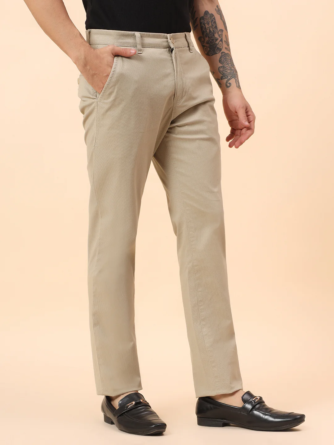 Casual Trousers for Men l Breathable & Soft with Color Fastness Regular Fit Cotton Blend Fabric Self Design Pattern Button Closure - Image 5