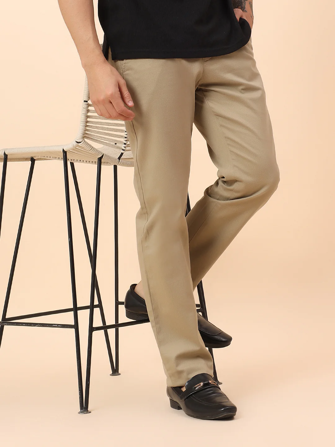 Casual Trousers for Men l Breathable & Soft with Color Fastness Regular Fit Cotton Blend Fabric Self Design Pattern Button Closure - Image 2