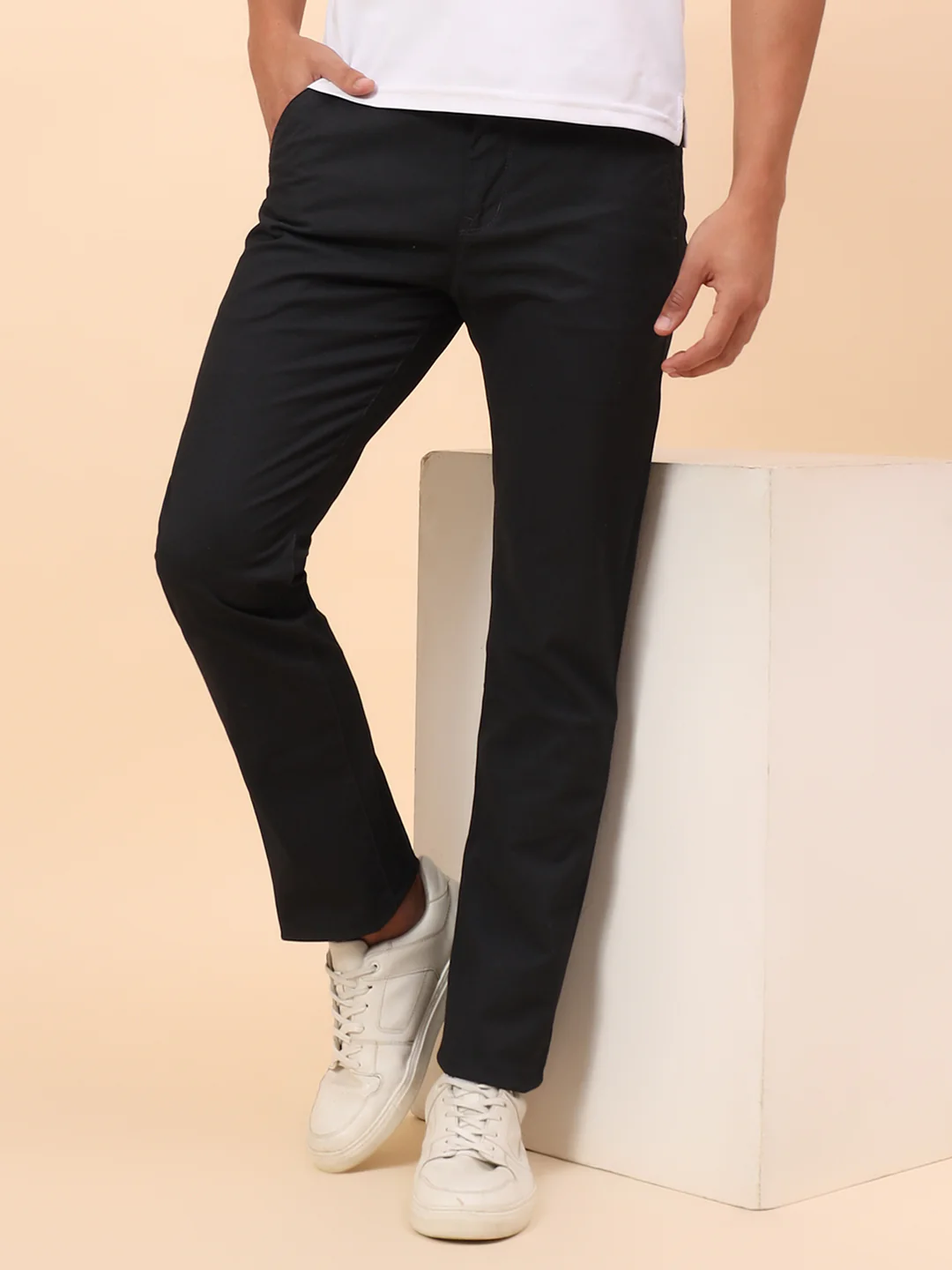 Casual Trousers for Men l Breathable & Soft with Color Fastness Regular Fit Cotton Blend Fabric Self Design Pattern Button Closure - Image 2