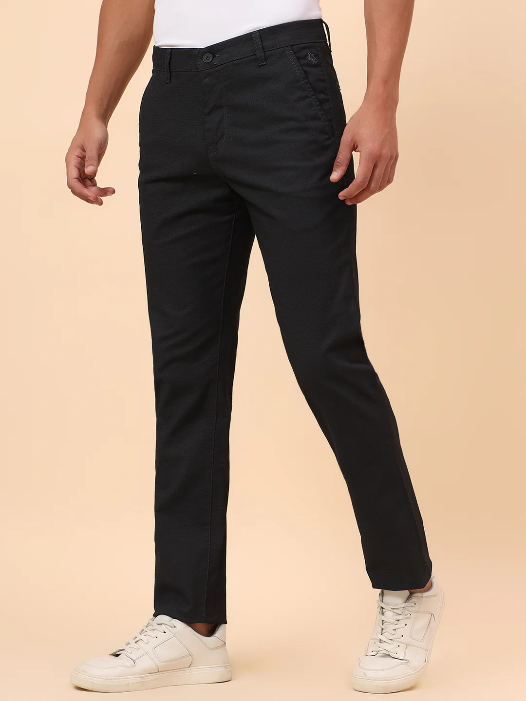 Casual Trousers for Men l Breathable & Soft with Color Fastness Regular Fit Cotton Blend Fabric Self Design Pattern Button Closure - Image 4