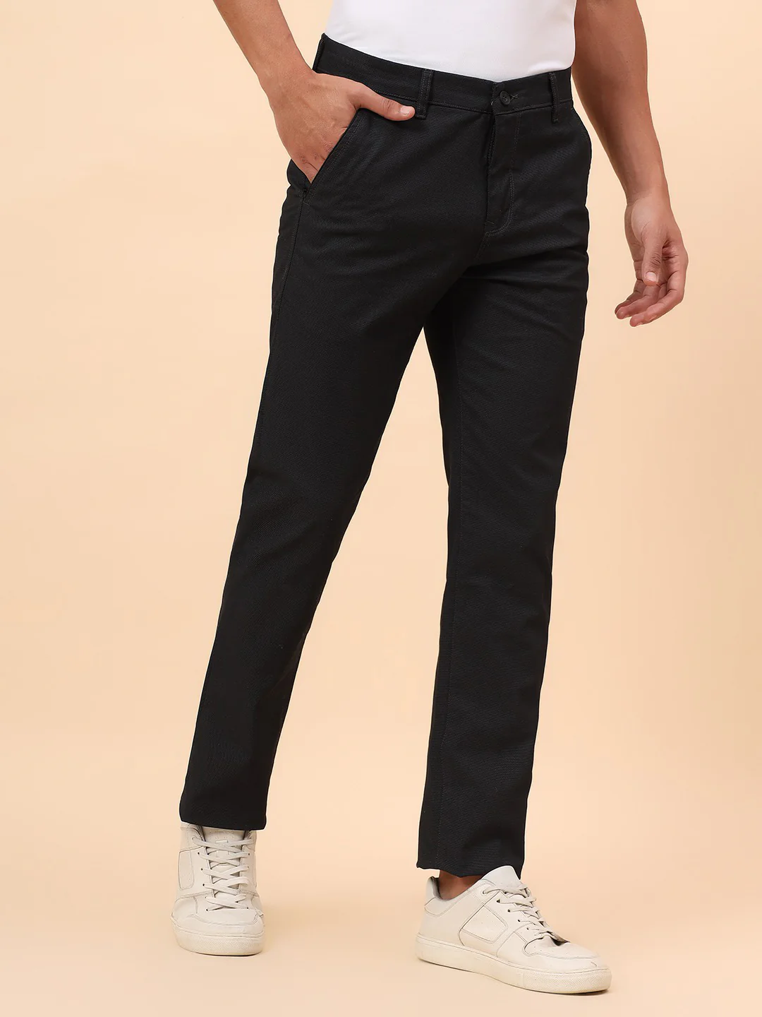 Casual Trousers for Men l Breathable & Soft with Color Fastness Regular Fit Cotton Blend Fabric Self Design Pattern Button Closure - Image 5