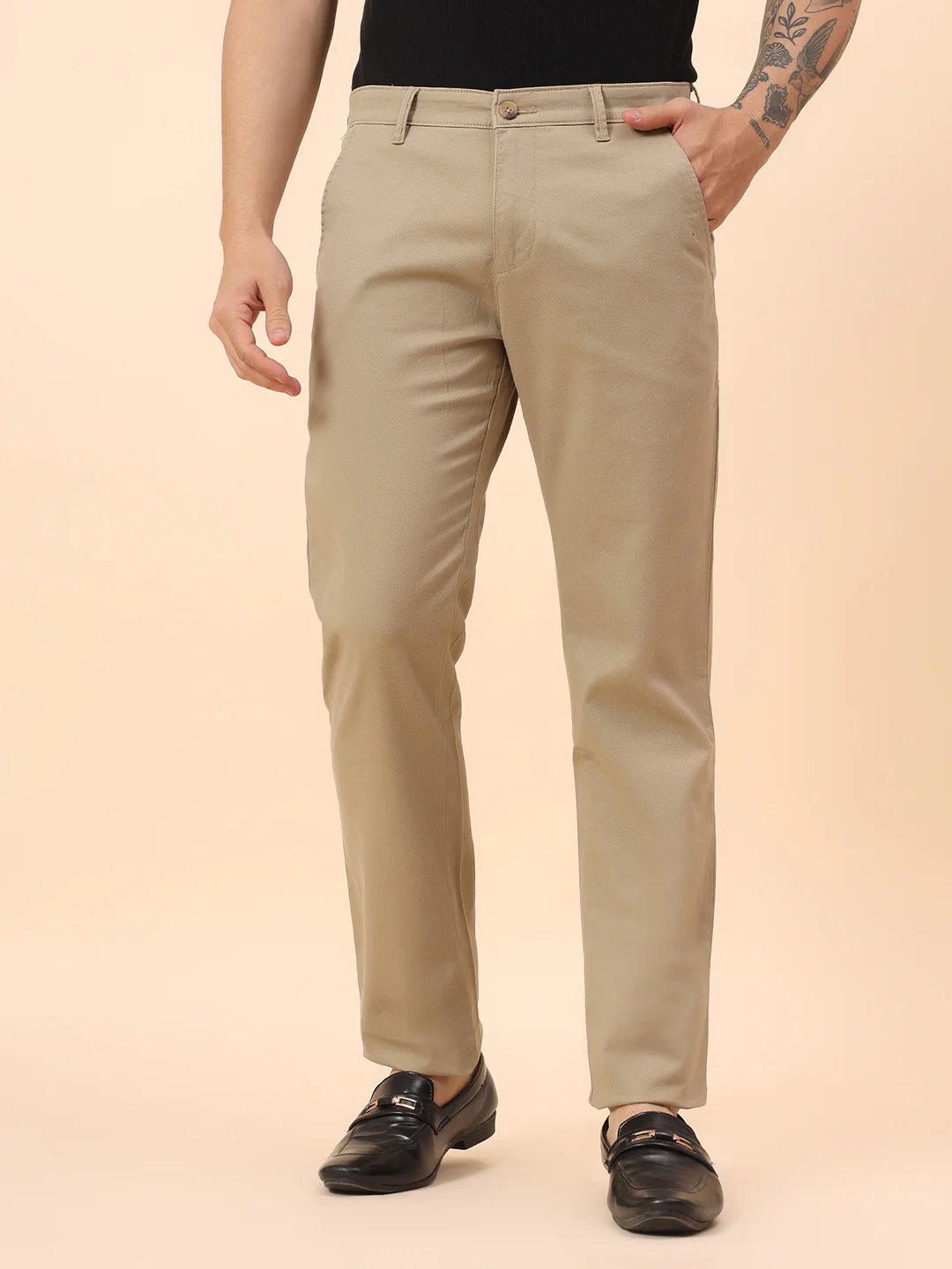 Casual Trousers for Men l Breathable & Soft with Color Fastness Regular Fit Cotton Blend Fabric Self Design Pattern Button Closure - Image 3