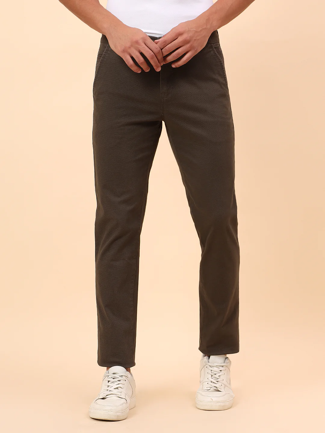 Casual Trousers for Men l Breathable & Soft with Color Fastness Regular Fit Cotton Blend Fabric Self Design Pattern Button Closure - Image 3
