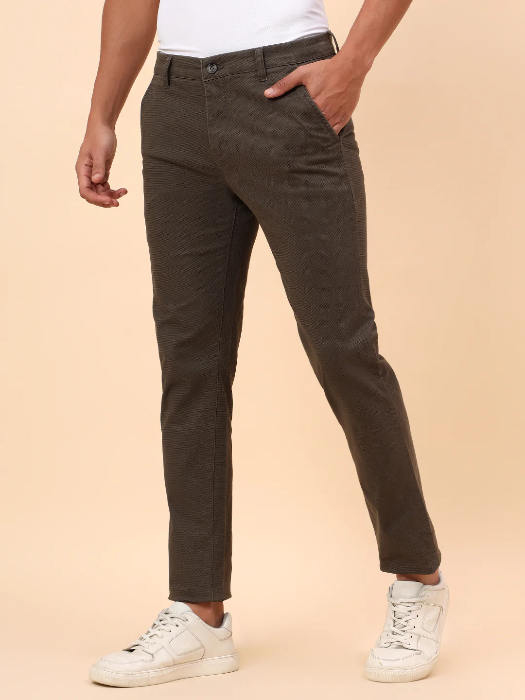 Casual Trousers for Men l Breathable & Soft with Color Fastness Regular Fit Cotton Blend Fabric Self Design Pattern Button Closure - Image 4