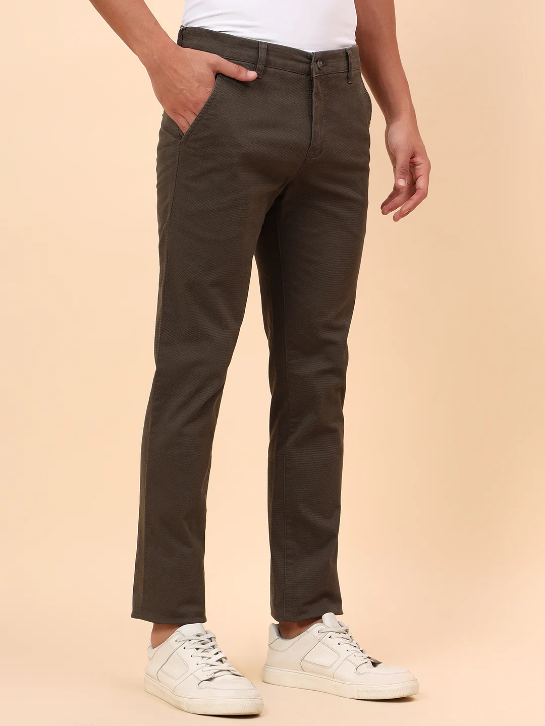 Casual Trousers for Men l Breathable & Soft with Color Fastness Regular Fit Cotton Blend Fabric Self Design Pattern Button Closure - Image 5