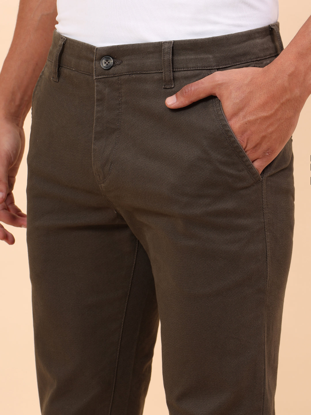 Casual Trousers for Men l Breathable & Soft with Color Fastness Regular Fit Cotton Blend Fabric Self Design Pattern Button Closure - Image 7
