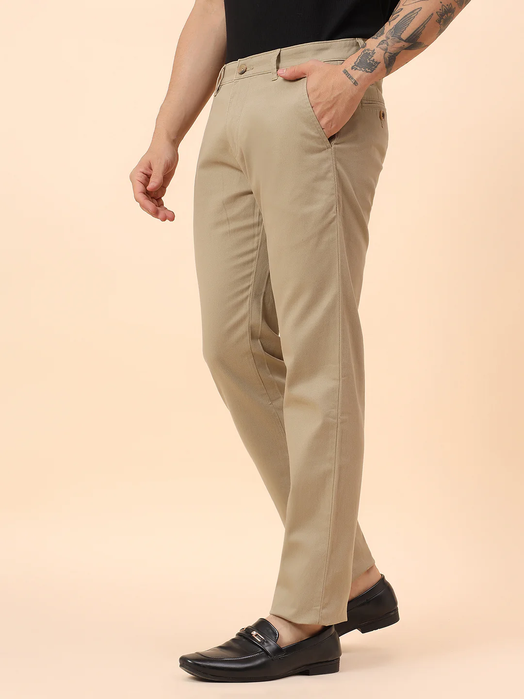 Casual Trousers for Men l Breathable & Soft with Color Fastness Regular Fit Cotton Blend Fabric Self Design Pattern Button Closure - Image 4