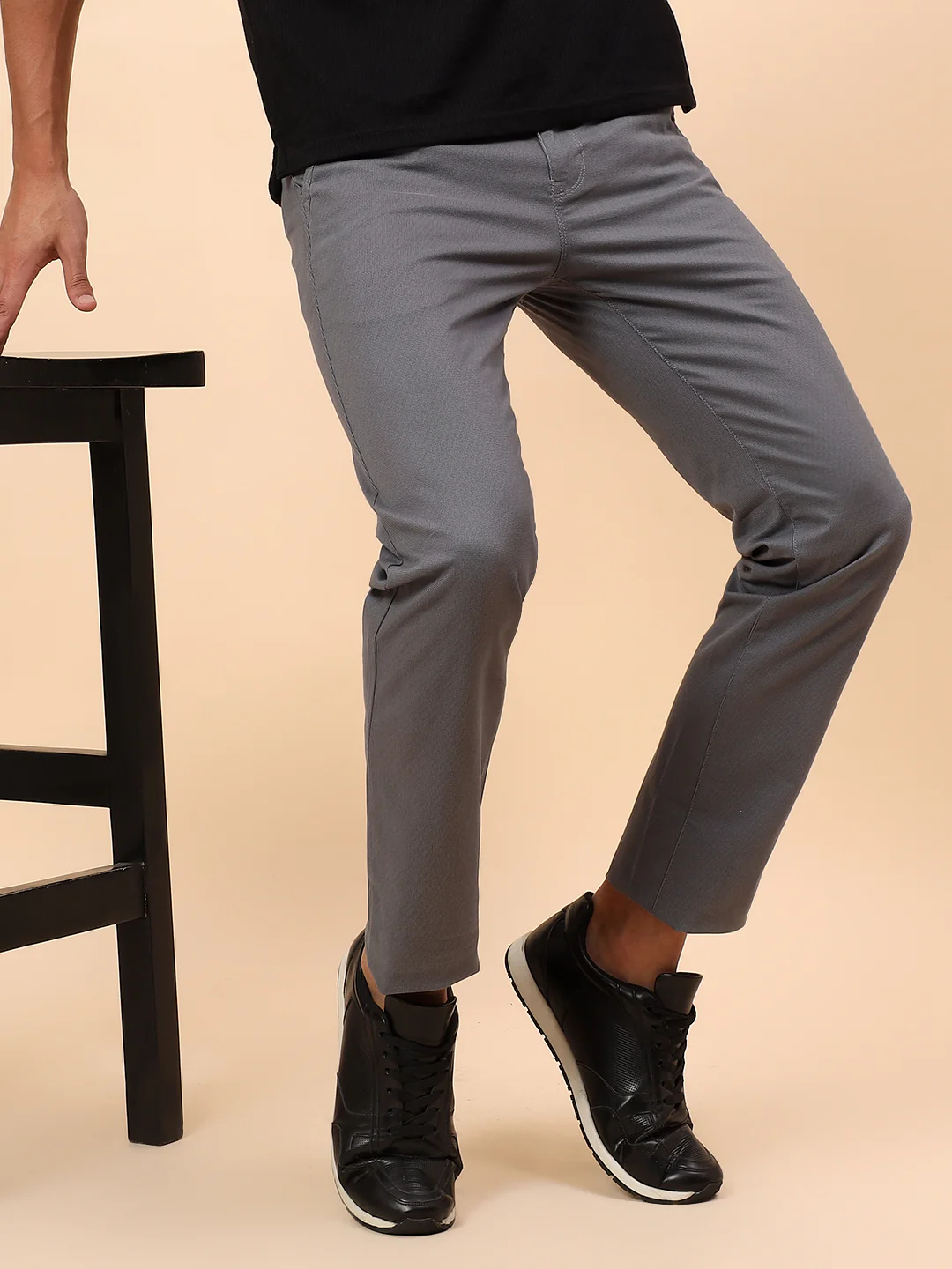 Casual Trousers for Men l Breathable & Soft with Color Fastness Regular Fit Cotton Blend Fabric Self Design Pattern Button Closure - Image 2