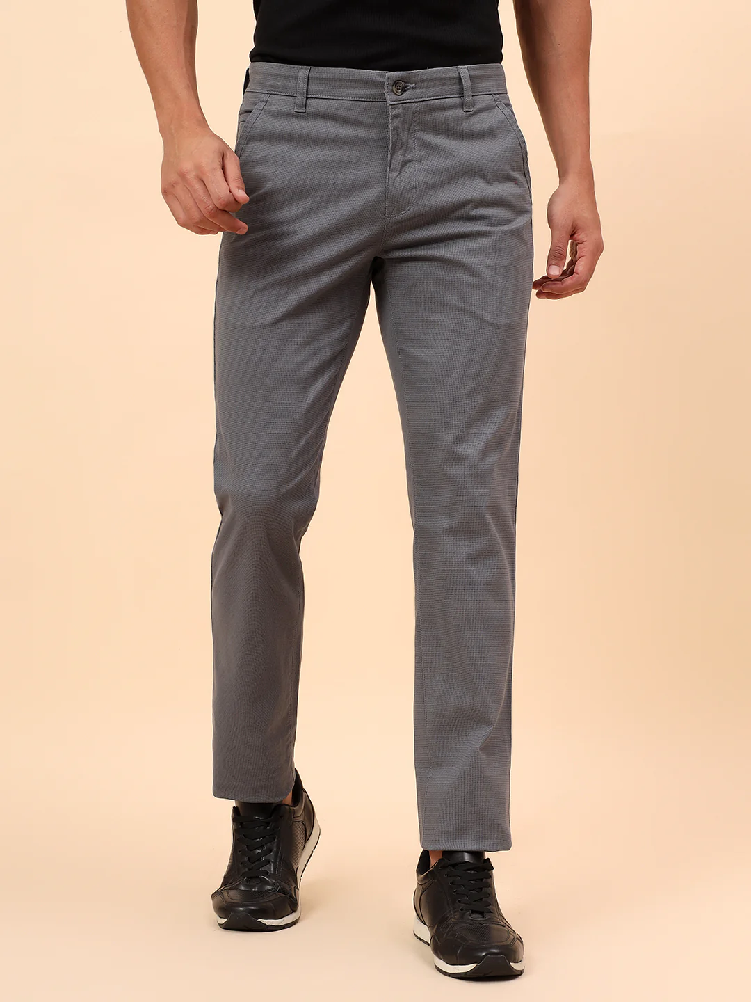 Casual Trousers for Men l Breathable & Soft with Color Fastness Regular Fit Cotton Blend Fabric Self Design Pattern Button Closure - Image 3