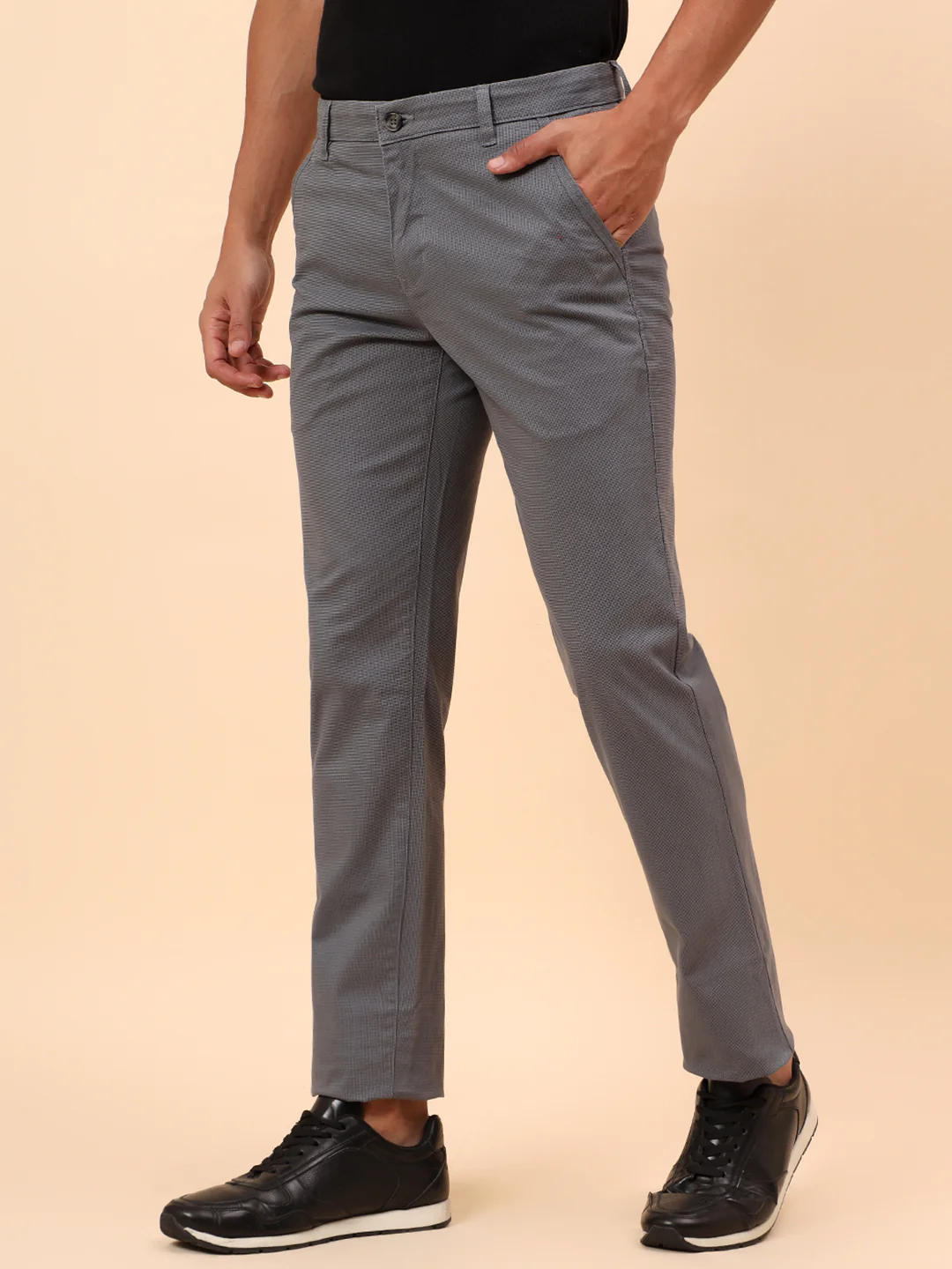 Casual Trousers for Men l Breathable & Soft with Color Fastness Regular Fit Cotton Blend Fabric Self Design Pattern Button Closure - Image 4