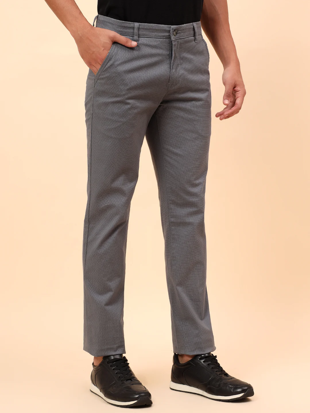 Casual Trousers for Men l Breathable & Soft with Color Fastness Regular Fit Cotton Blend Fabric Self Design Pattern Button Closure - Image 5
