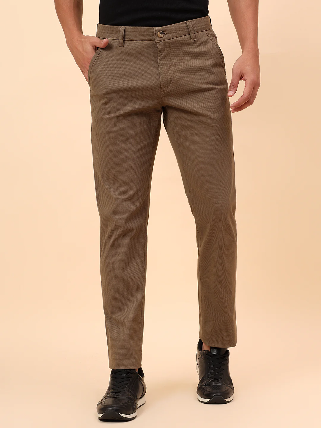 Casual Trousers for Men l Breathable & Soft with Color Fastness Regular Fit Cotton Blend Fabric Self Design Pattern Button Closure - Image 3