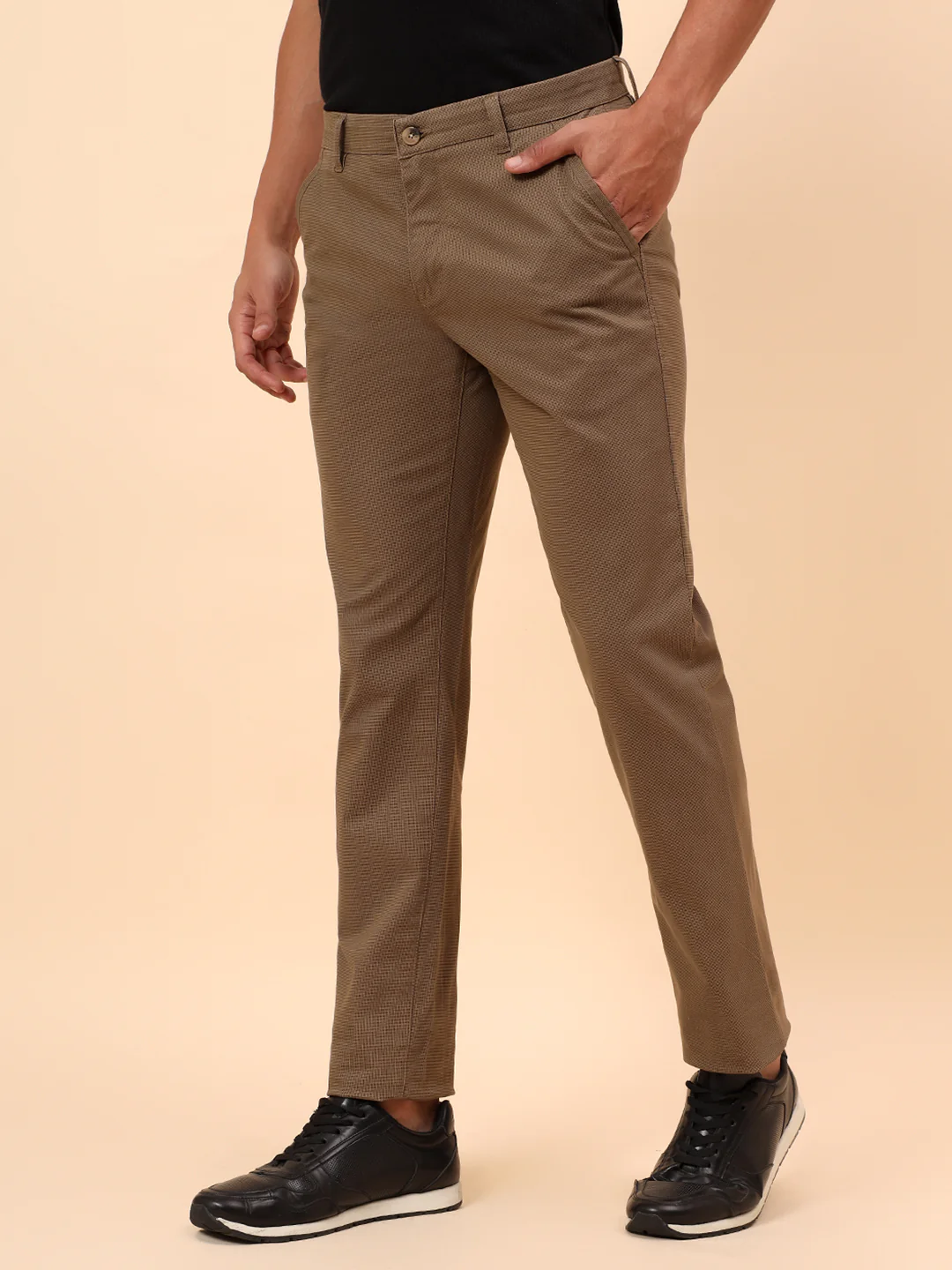 Casual Trousers for Men l Breathable & Soft with Color Fastness Regular Fit Cotton Blend Fabric Self Design Pattern Button Closure - Image 4