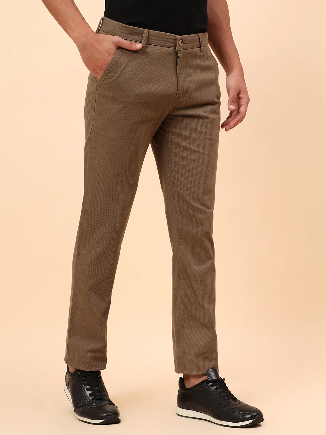 Casual Trousers for Men l Breathable & Soft with Color Fastness Regular Fit Cotton Blend Fabric Self Design Pattern Button Closure - Image 5