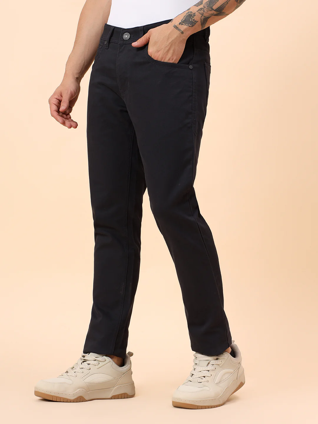Casual Trousers for Men l Breathable & Soft with Color Fastness Regular Fit Cotton Blend Fabric Solid Pattern Button Closure - Image 4