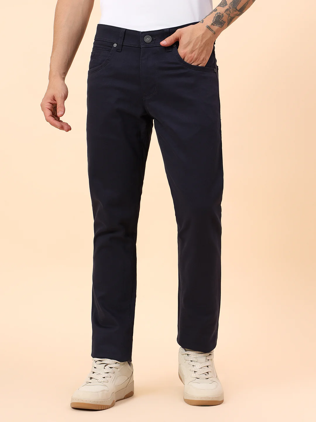 Casual Trousers for Men l Breathable & Soft with Color Fastness Regular Fit Cotton Blend Fabric Solid Pattern Button Closure - Image 4