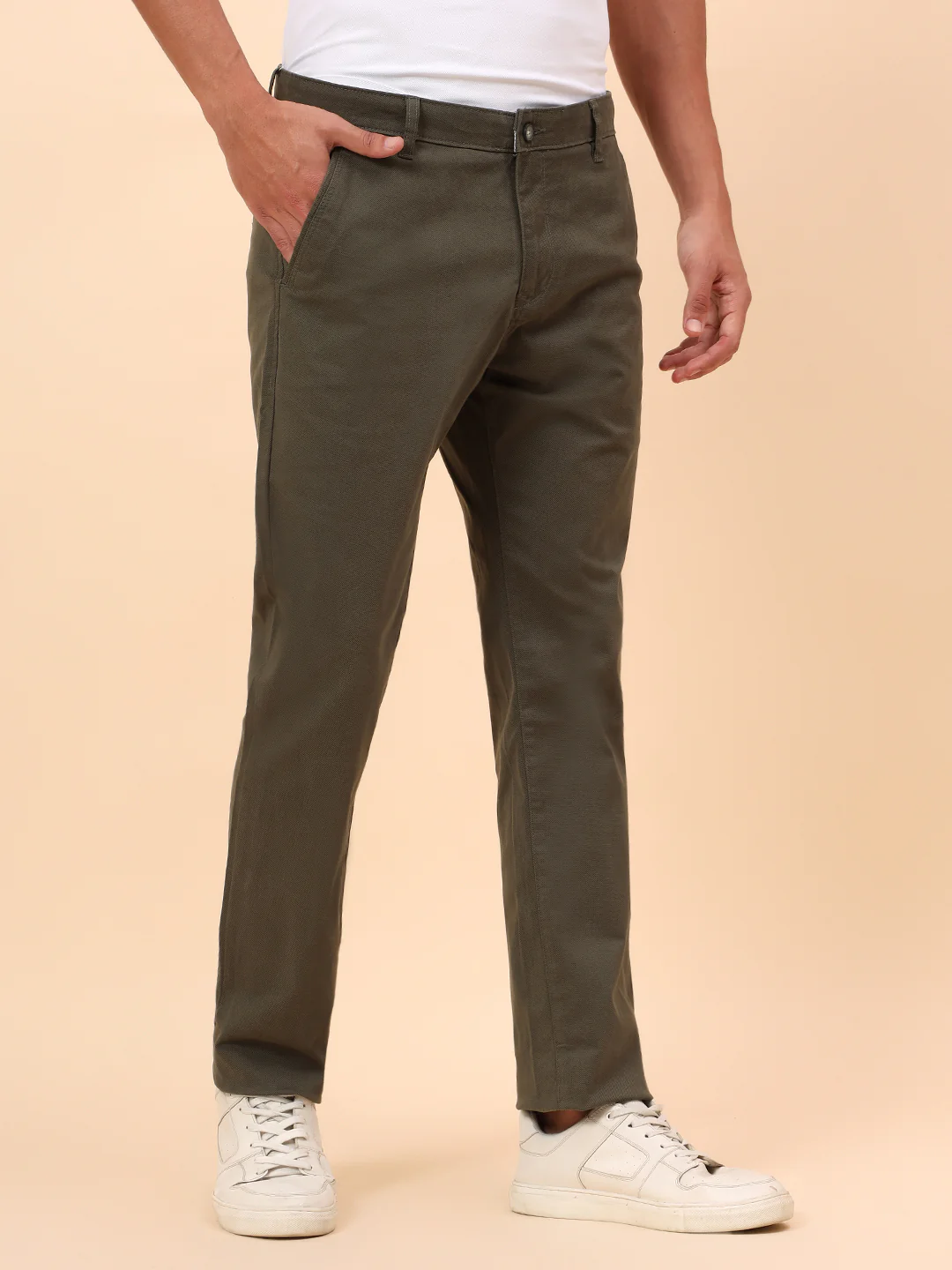 Casual Trousers for Men l Breathable & Soft with Color Fastness Regular Fit Cotton Blend Fabric Solid Pattern Button Closure - Image 5