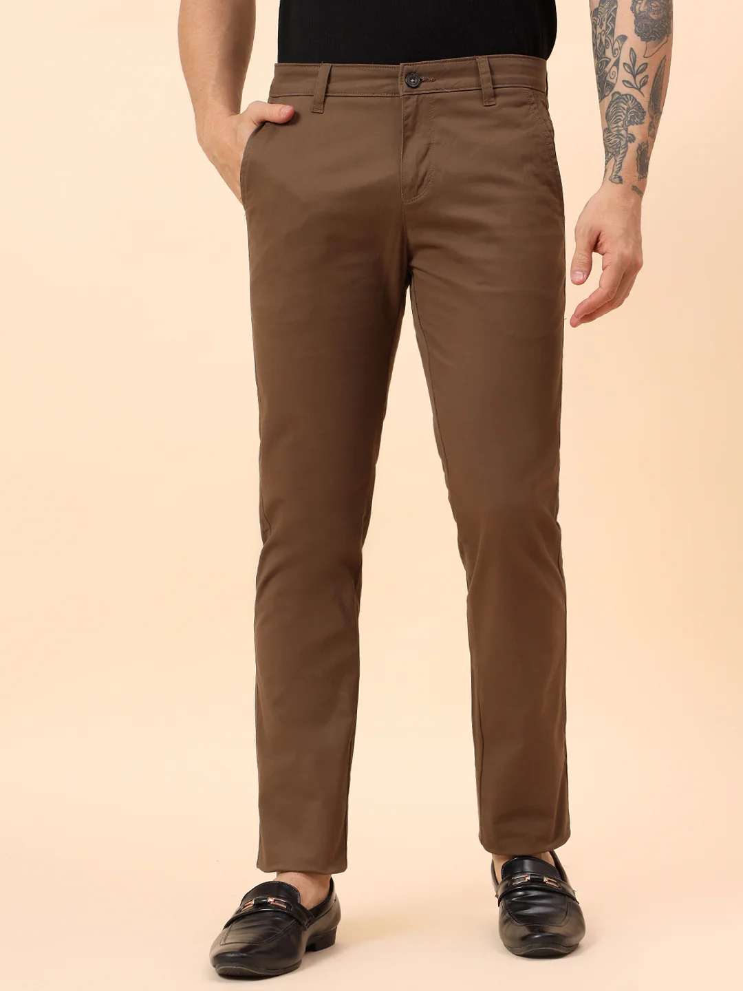 Casual Trousers for Men l Breathable & Soft with Color Fastness Regular Fit Cotton Blend Fabric Solid Pattern Button Closure - Image 3