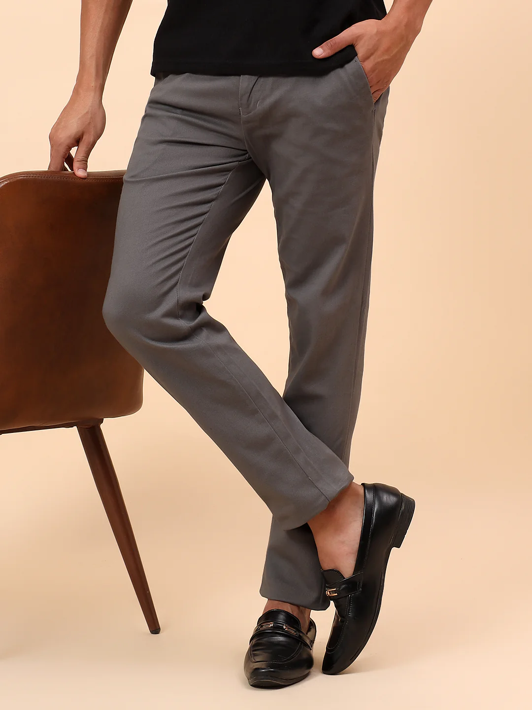 Casual Trousers for Men l Breathable & Soft with Color Fastness Regular Fit Cotton Blend Fabric Solid Pattern Button Closure - Image 2