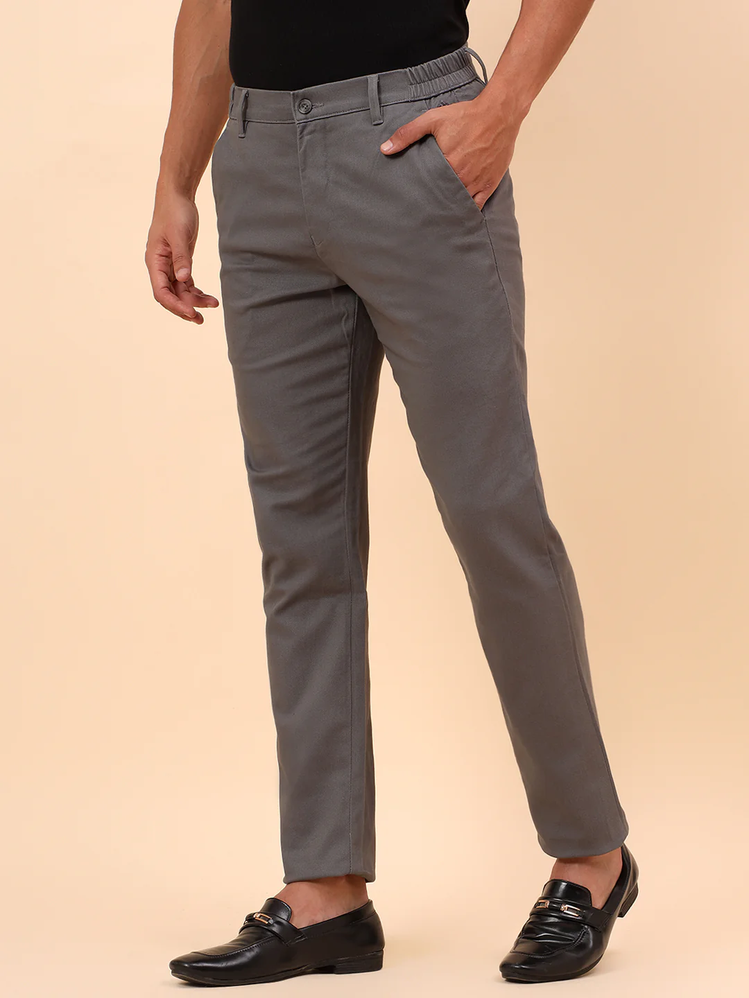 Casual Trousers for Men l Breathable & Soft with Color Fastness Regular Fit Cotton Blend Fabric Solid Pattern Button Closure - Image 4