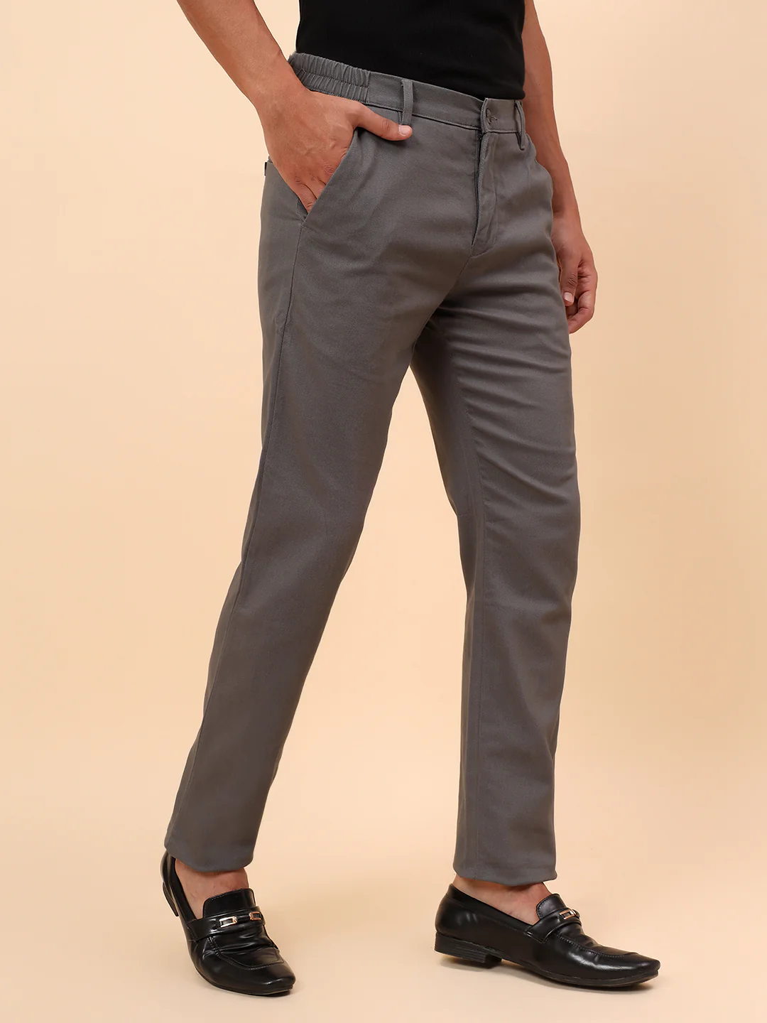 Casual Trousers for Men l Breathable & Soft with Color Fastness Regular Fit Cotton Blend Fabric Solid Pattern Button Closure - Image 5