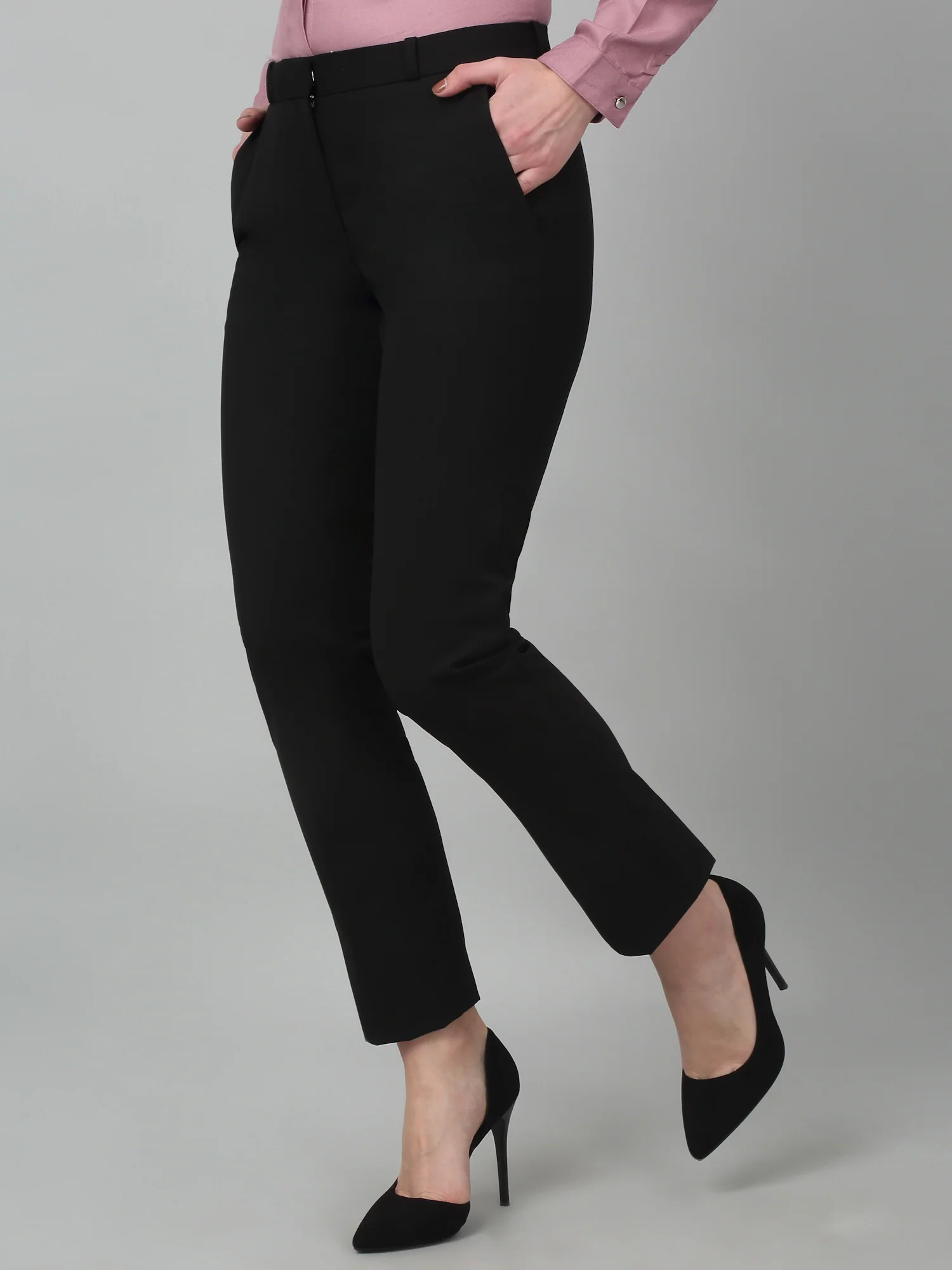Women's Formal Flat Front Black Full length Mid rise Trousers - Image 3