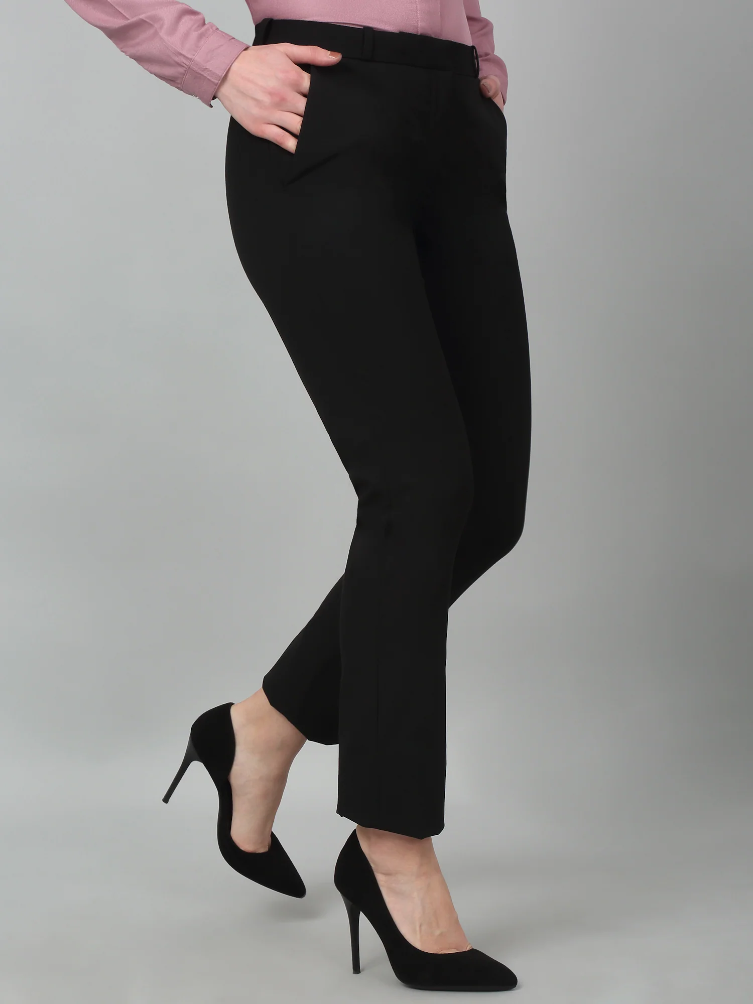 Women's Formal Flat Front Black Full length Mid rise Trousers - Image 4