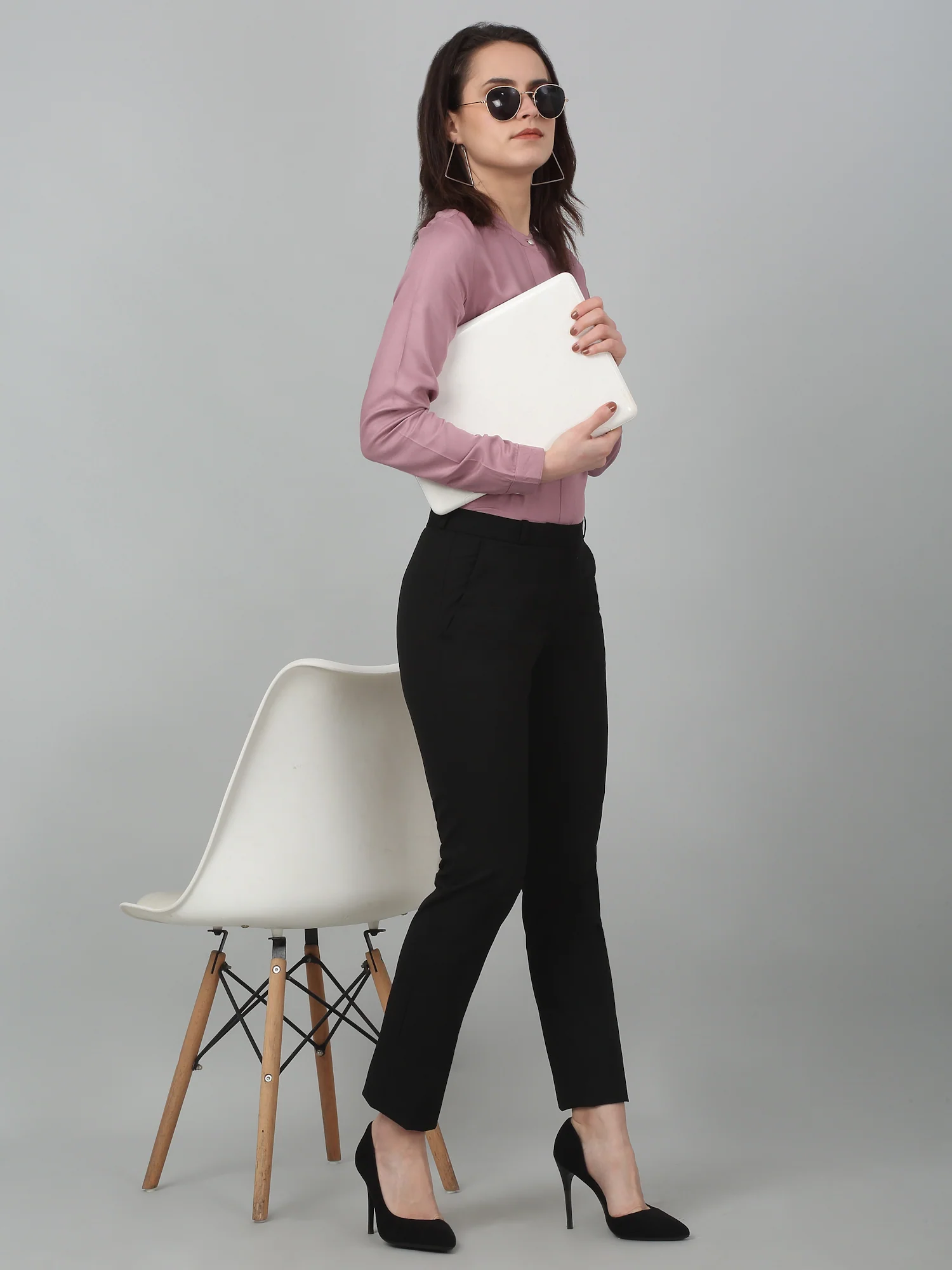 Women's Formal Flat Front Black Full length Mid rise Trousers - Image 6