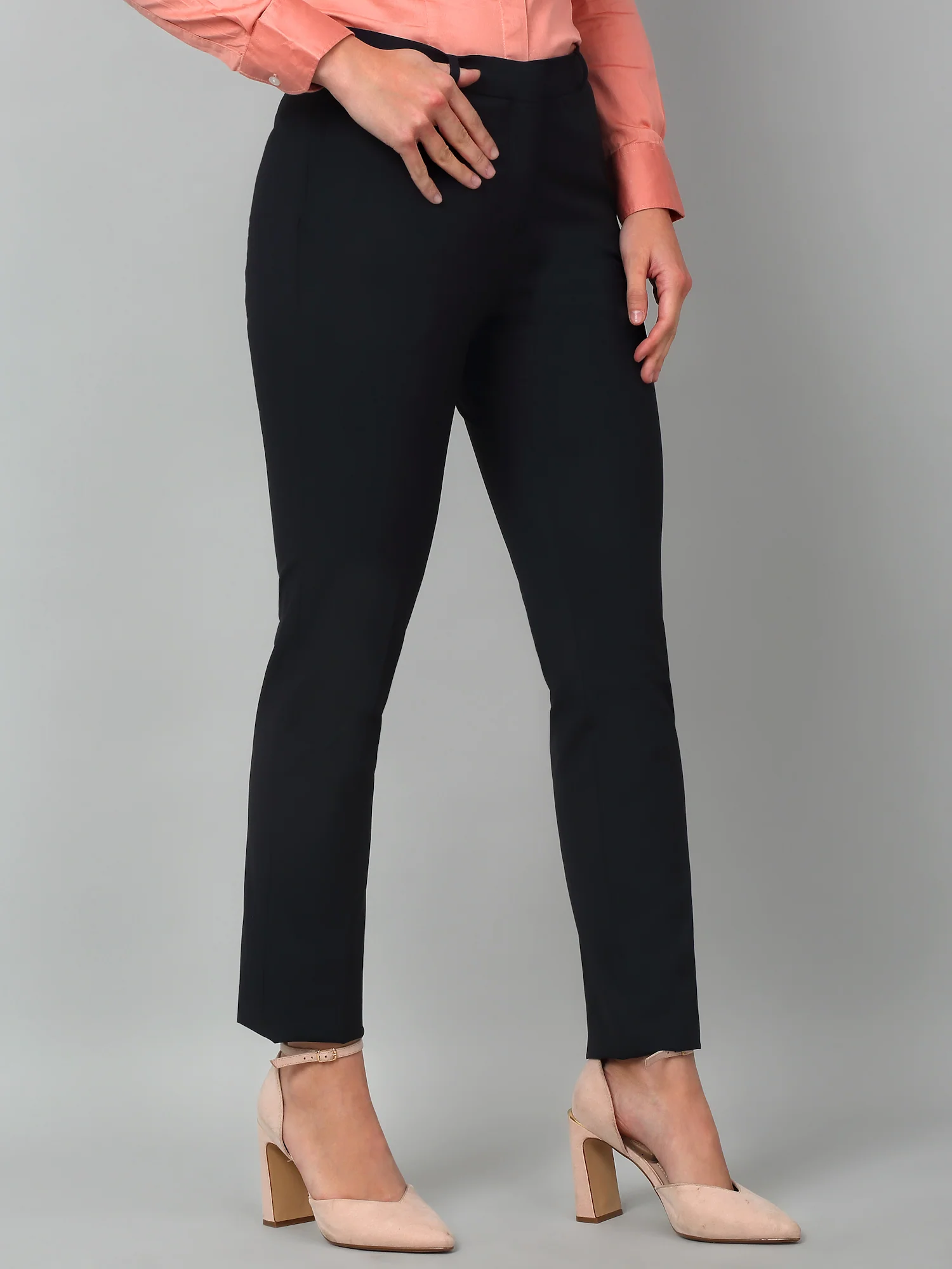 Women's Formal Flat Front Navy Blue Full length Mid rise Trousers - Image 3