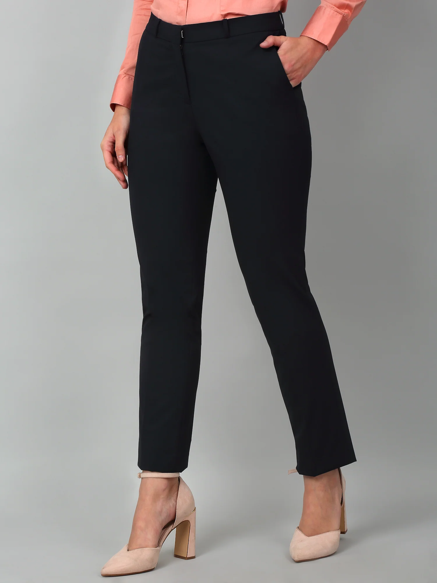 Women's Formal Flat Front Navy Blue Full length Mid rise Trousers - Image 4