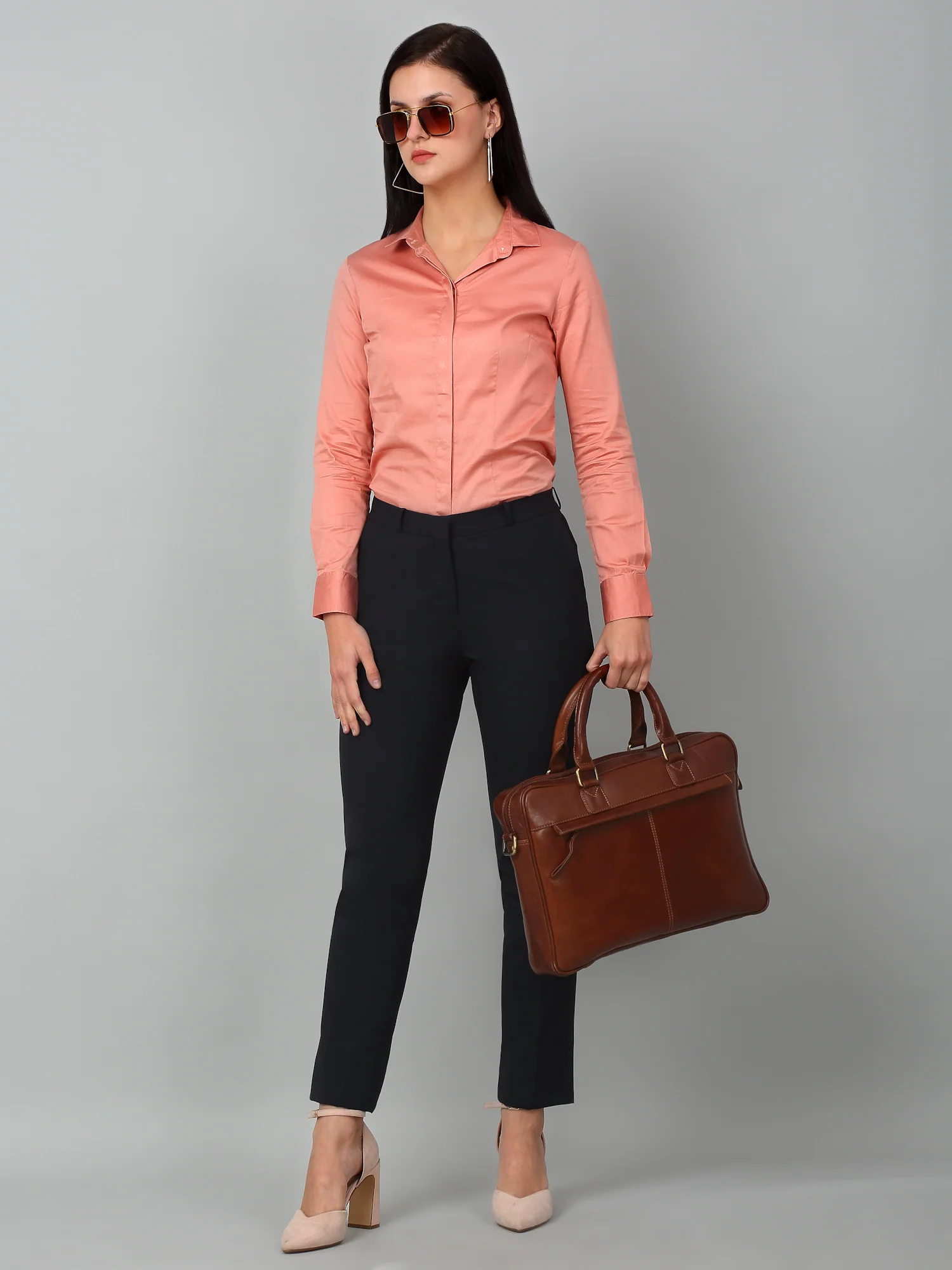 Women's Formal Flat Front Navy Blue Full length Mid rise Trousers - Image 6