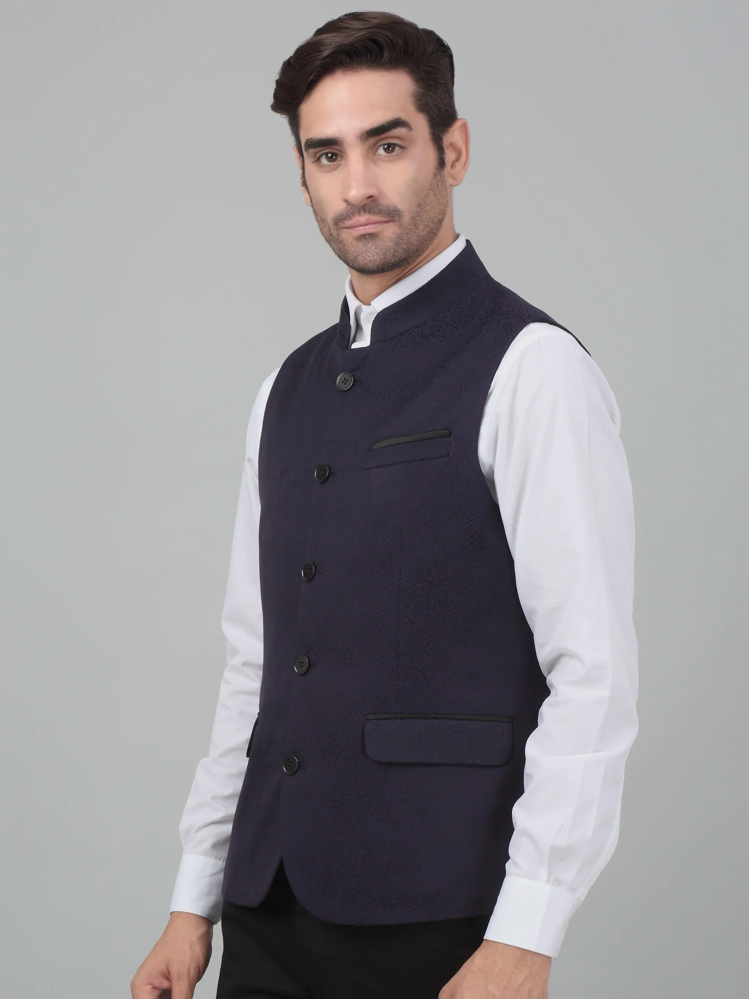 Men's Purple Self Design Party Wear Waistcoat - Image 3